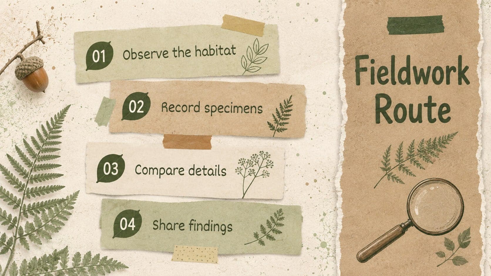 Botanical field notes agenda slide listing observation stages beside leaves and scrapbook paper details.