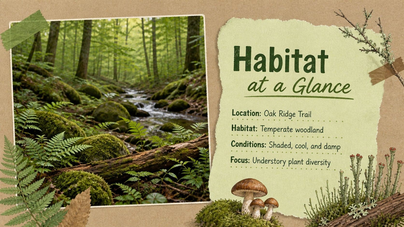 Nature observation slide presenting a woodland habitat overview with an annotated landscape photograph.
