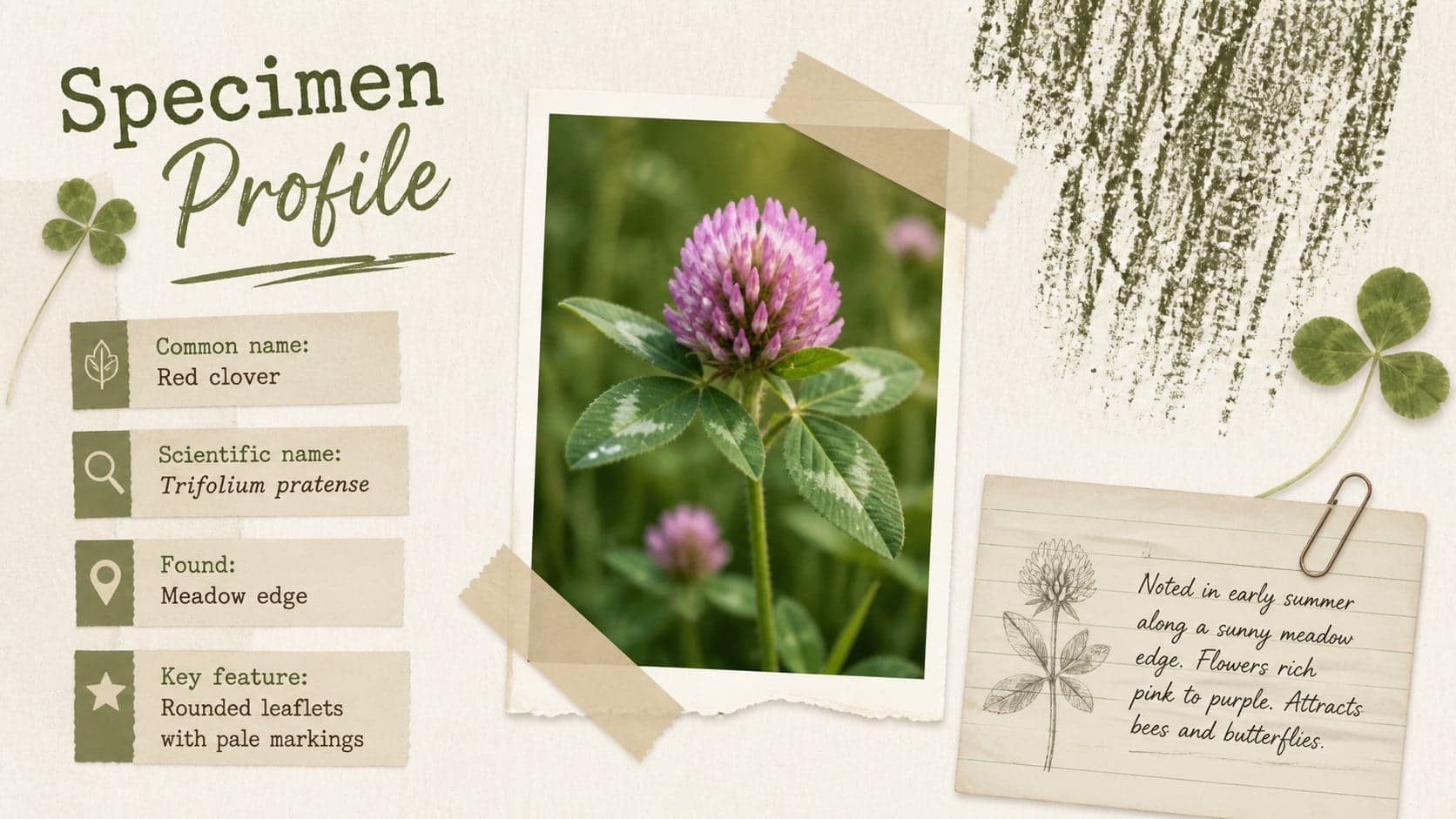 Plant specimen profile slide with a botanical photograph, classification labels, and field observations.