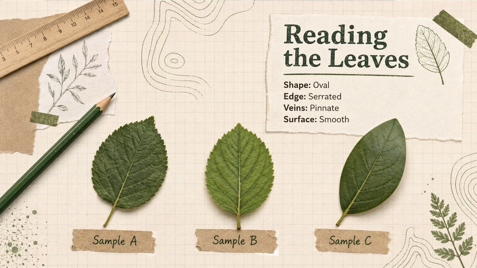 Leaf morphology study slide showing three labeled leaf forms in a green botanical scrapbook layout.