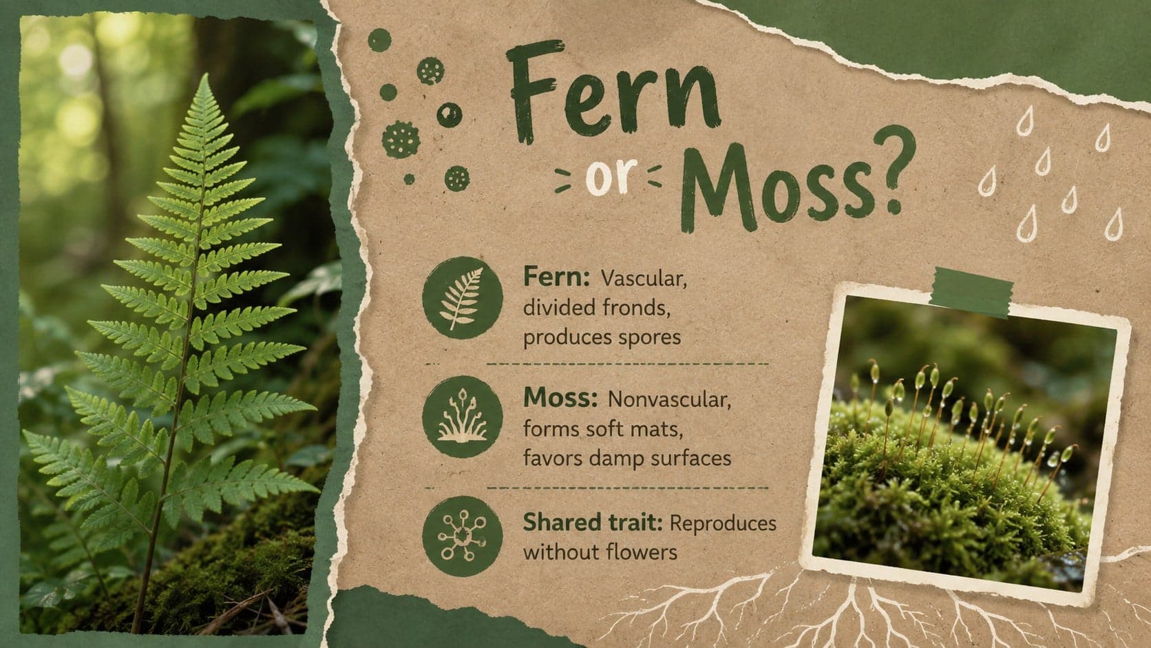 Species comparison slide contrasting fern and moss characteristics with photographs and concise notes.