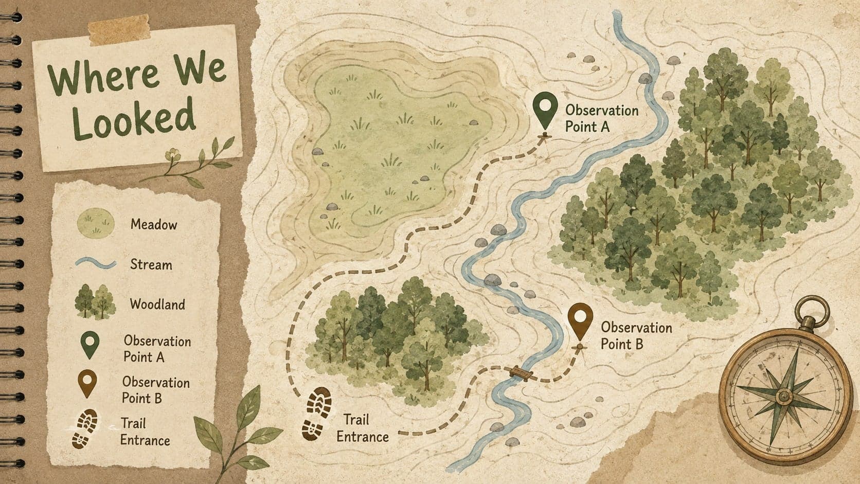 Field site map slide marking meadow, stream, woodland, and specimen observation points.