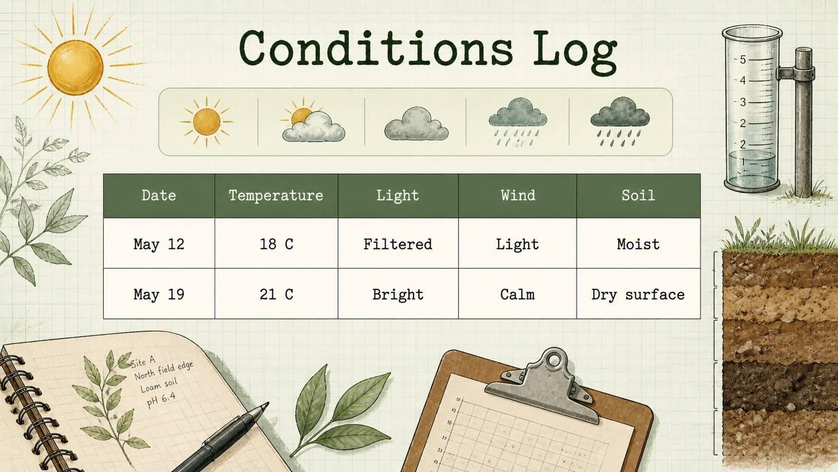 Outdoor observation journal slide with a weather table for temperature, light, wind, and soil conditions.