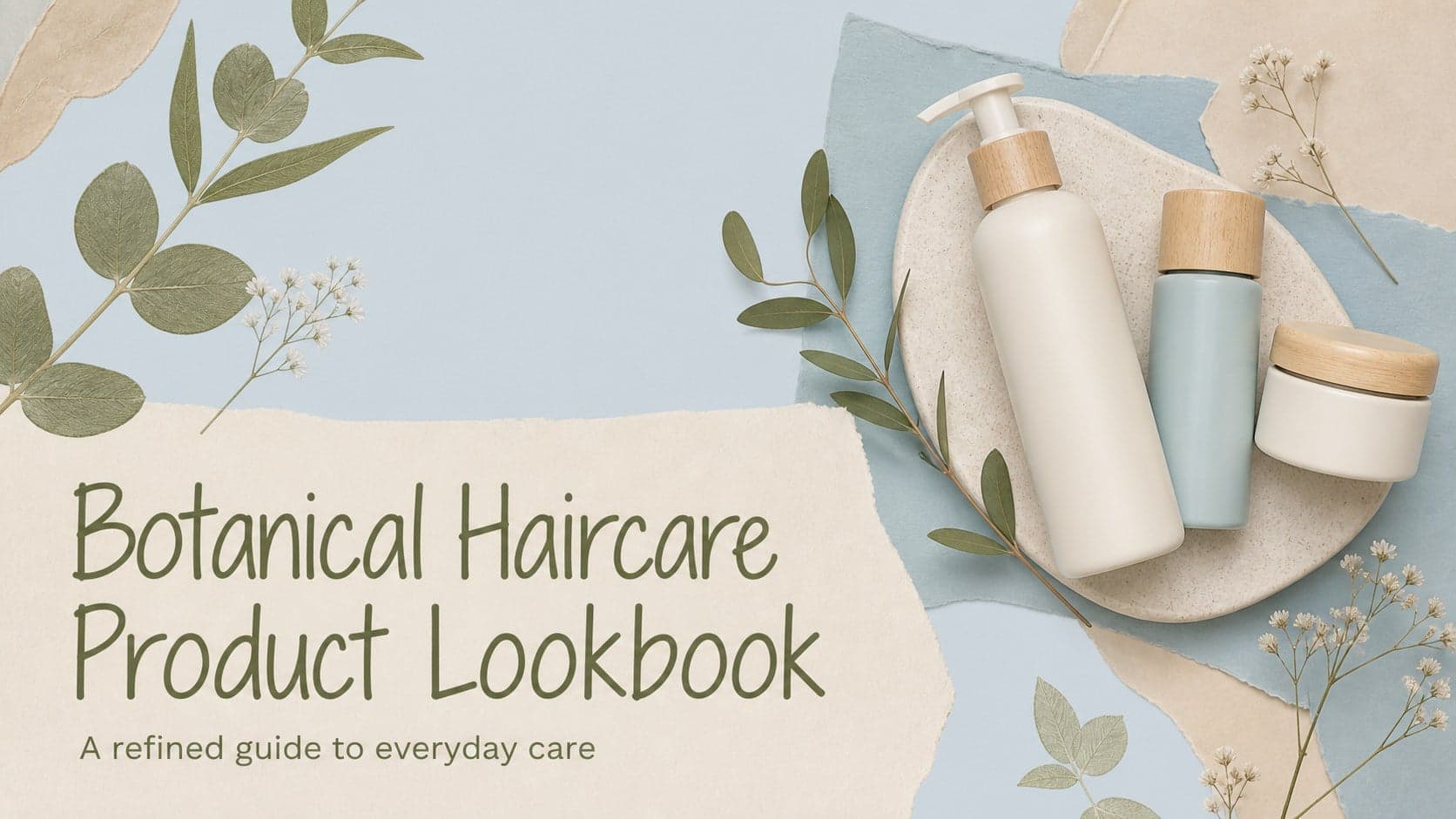 Cover slide for a botanical haircare product lookbook with floral accents and a calm blue and beige palette.