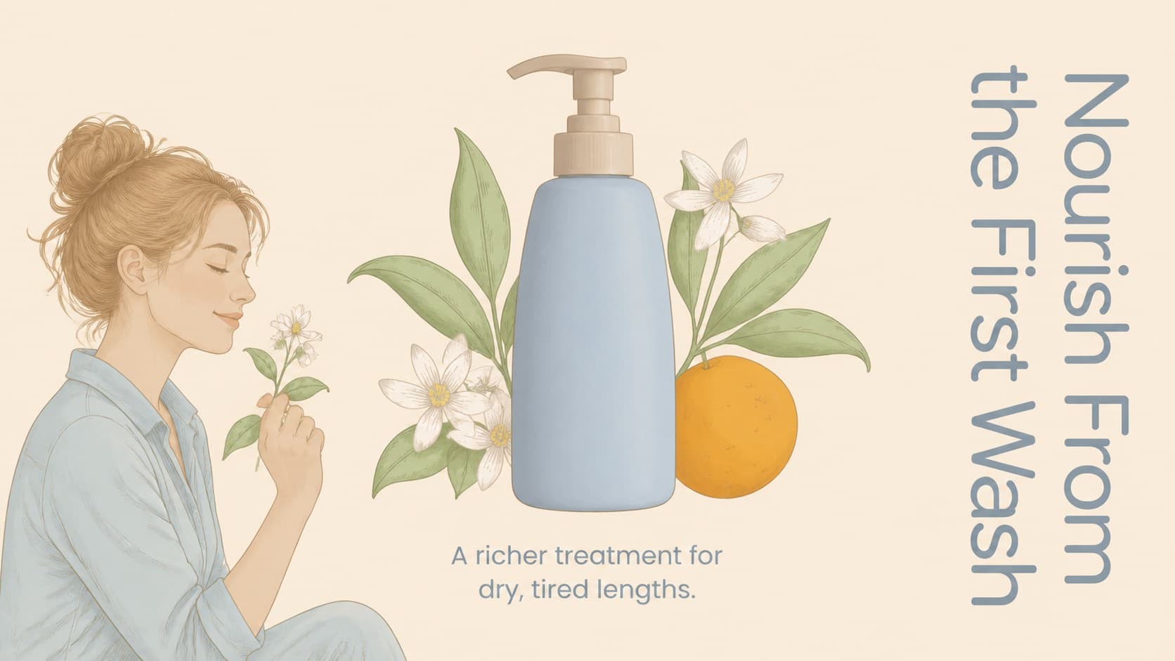 Hero product feature slide highlighting a botanical hair treatment with clean editorial layout.