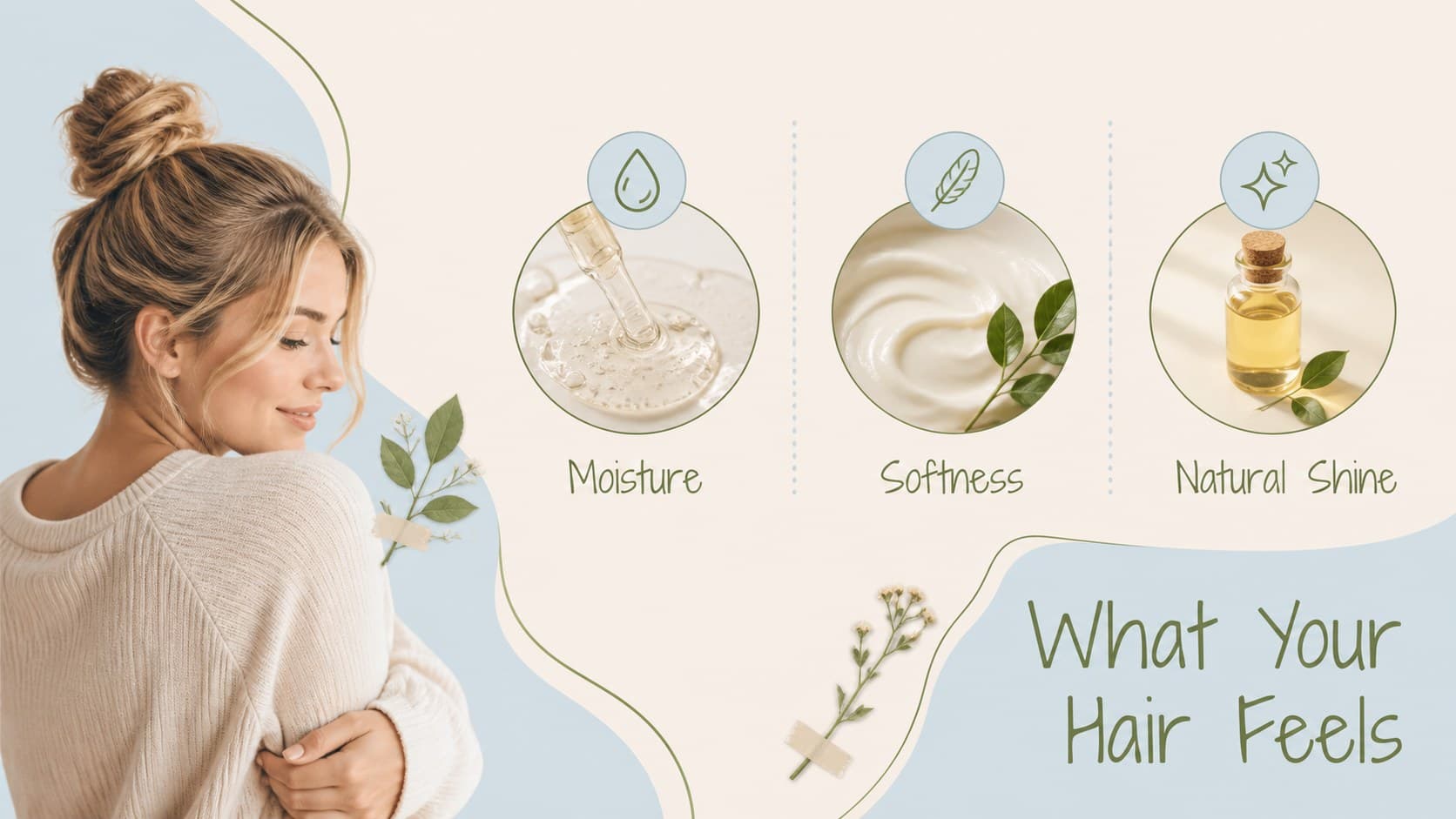 Haircare benefits slide showing moisture, softness, and shine in a botanical beauty presentation.