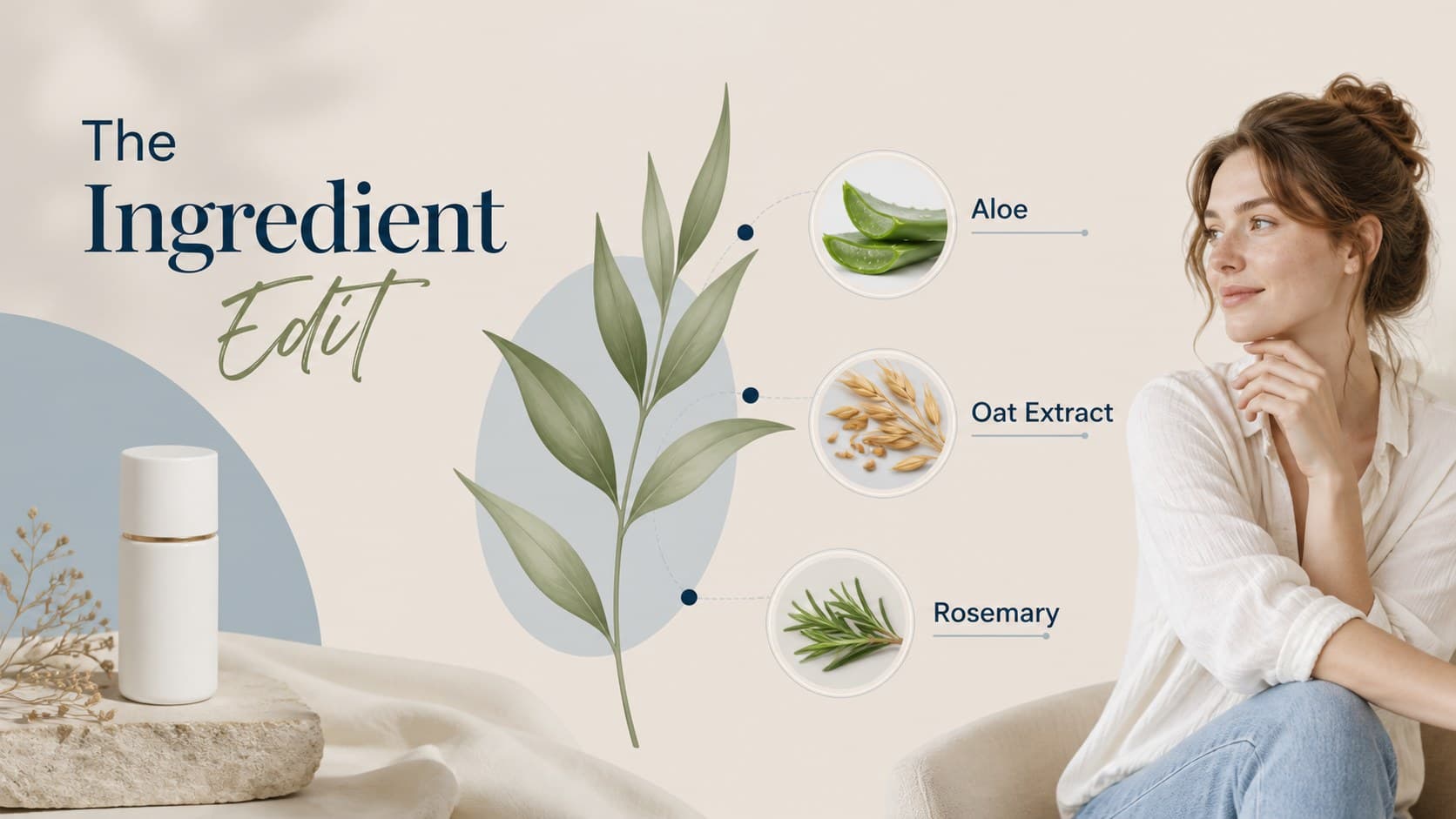 Ingredient spotlight slide for an organic haircare formula with botanical illustrations and product copy.