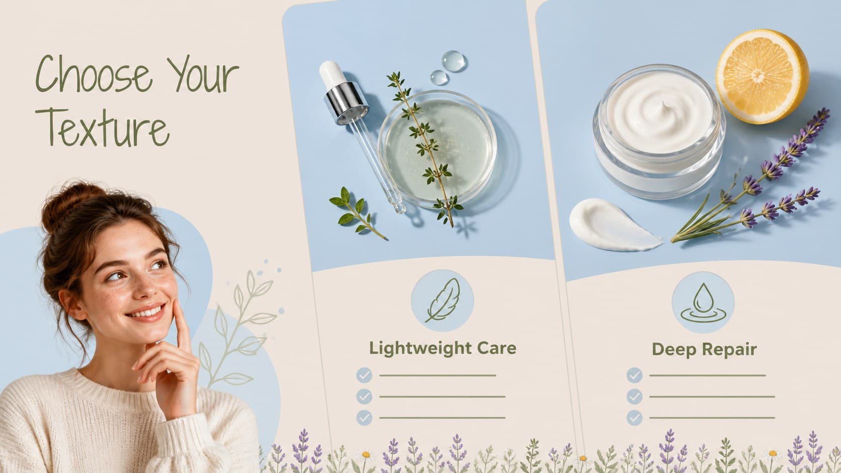Product comparison slide contrasting lightweight and rich haircare formulas in blue and beige layouts.