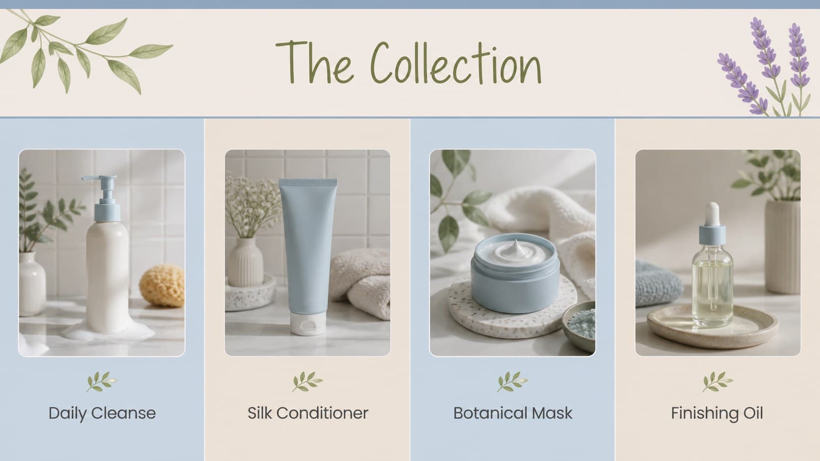 Haircare product catalog grid with clean product cards, prices, and floral blue beige details.