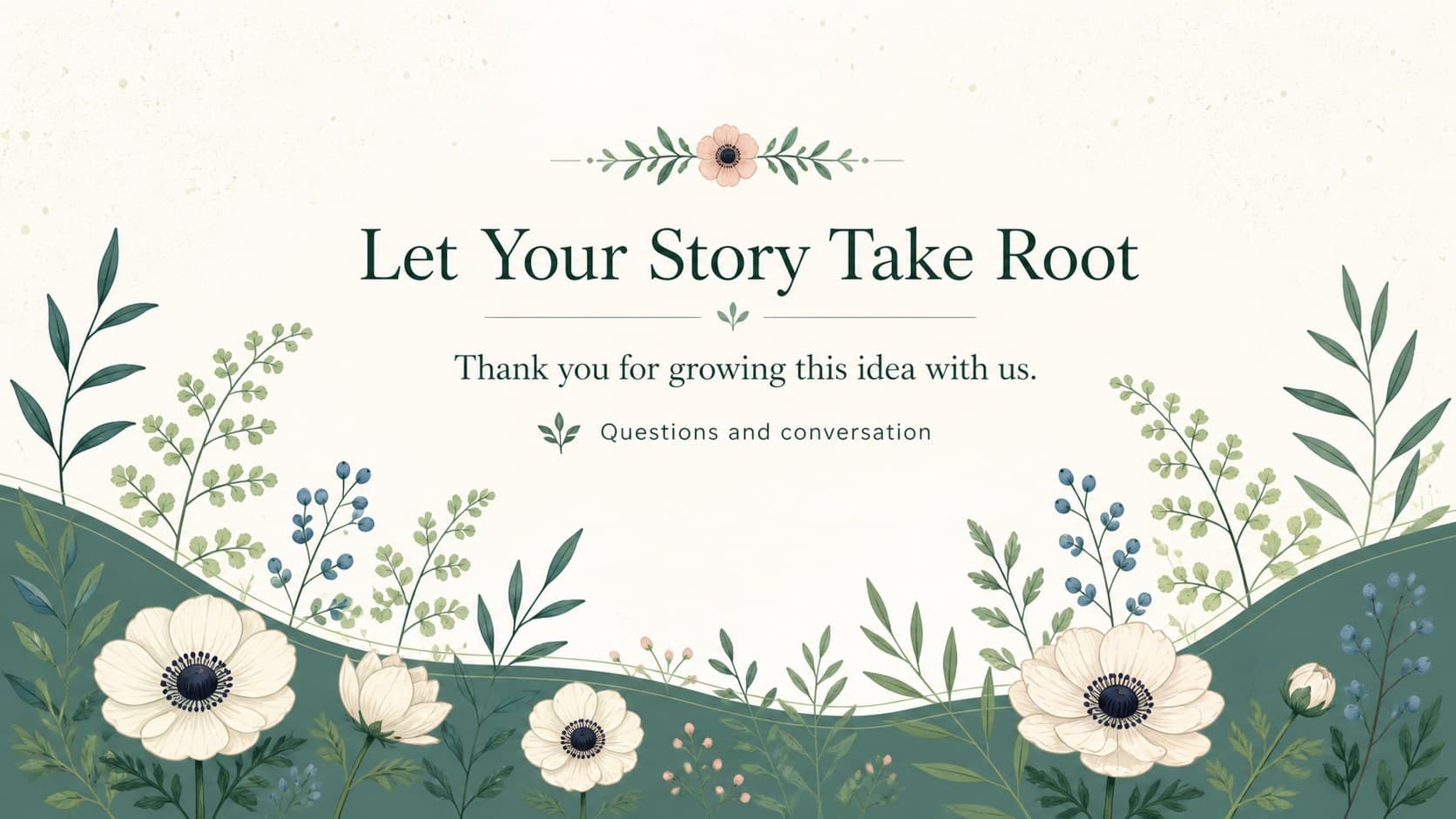 Closing slide for a nature education presentation theme with an elegant thank-you message and illustrated leaves.