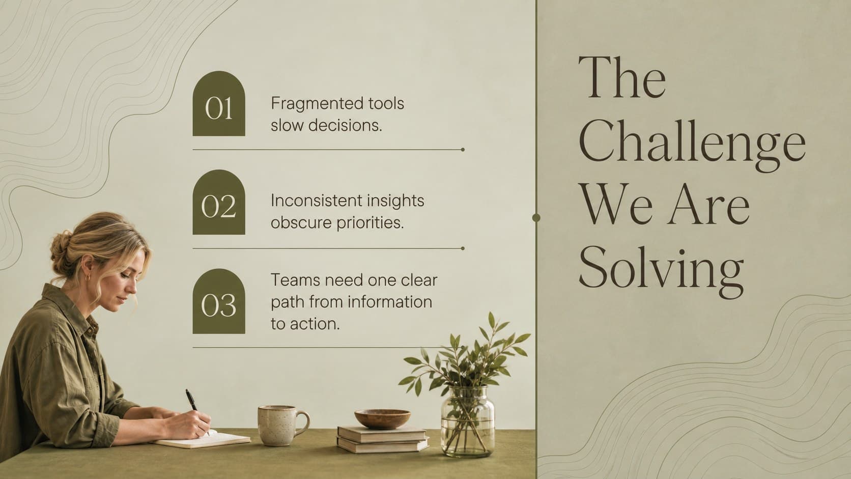 Minimal business storytelling presentation slide outlining the central customer challenge.