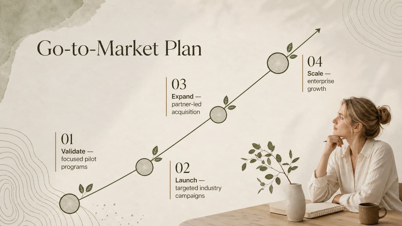 Earthy corporate strategy slide presenting a four-phase go-to-market timeline.
