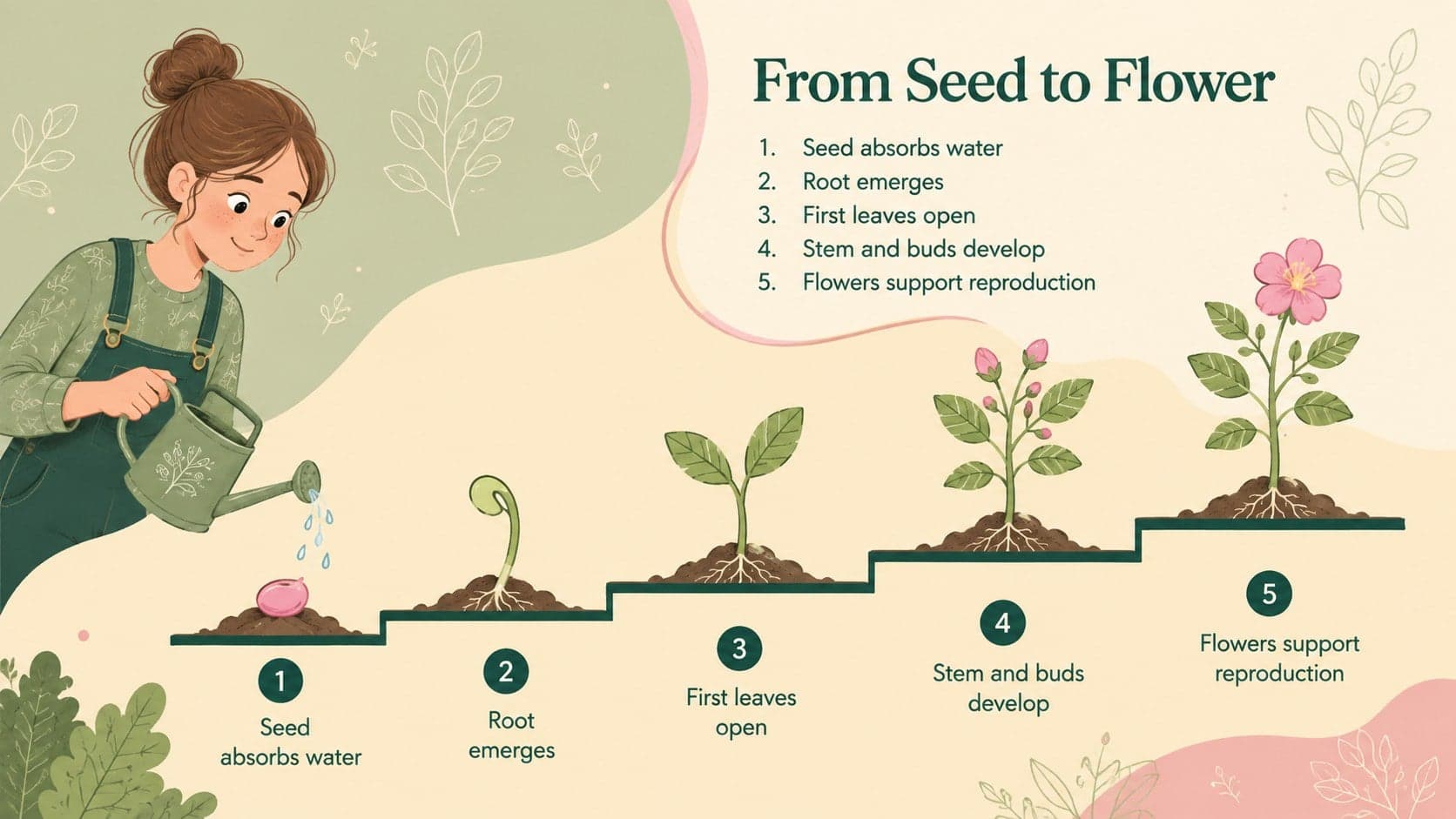 Seed to flowering plant diagram showing five botanical growth stages with concise classroom labels.
