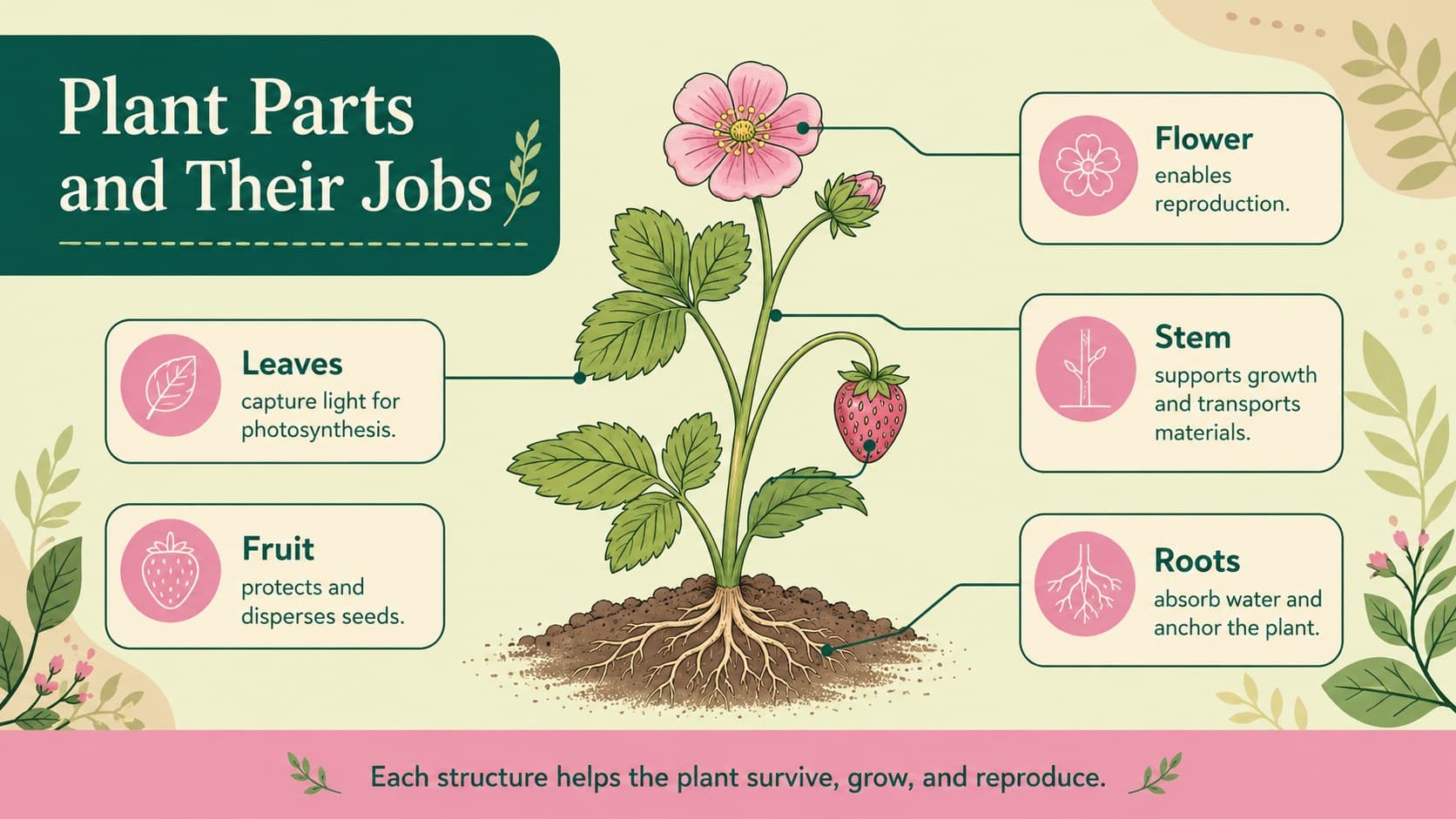 Plant parts and functions chart labeling roots, stem, leaves, flower, and fruit in an illustrated biology layout.