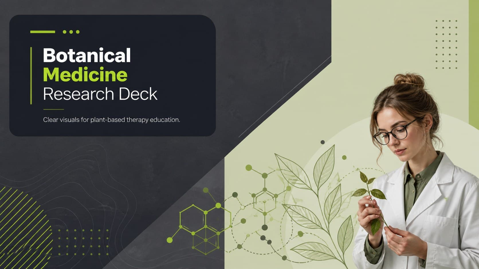 Cover of a botanical medicine research deck with green botanical graphics on a geometric grey background.