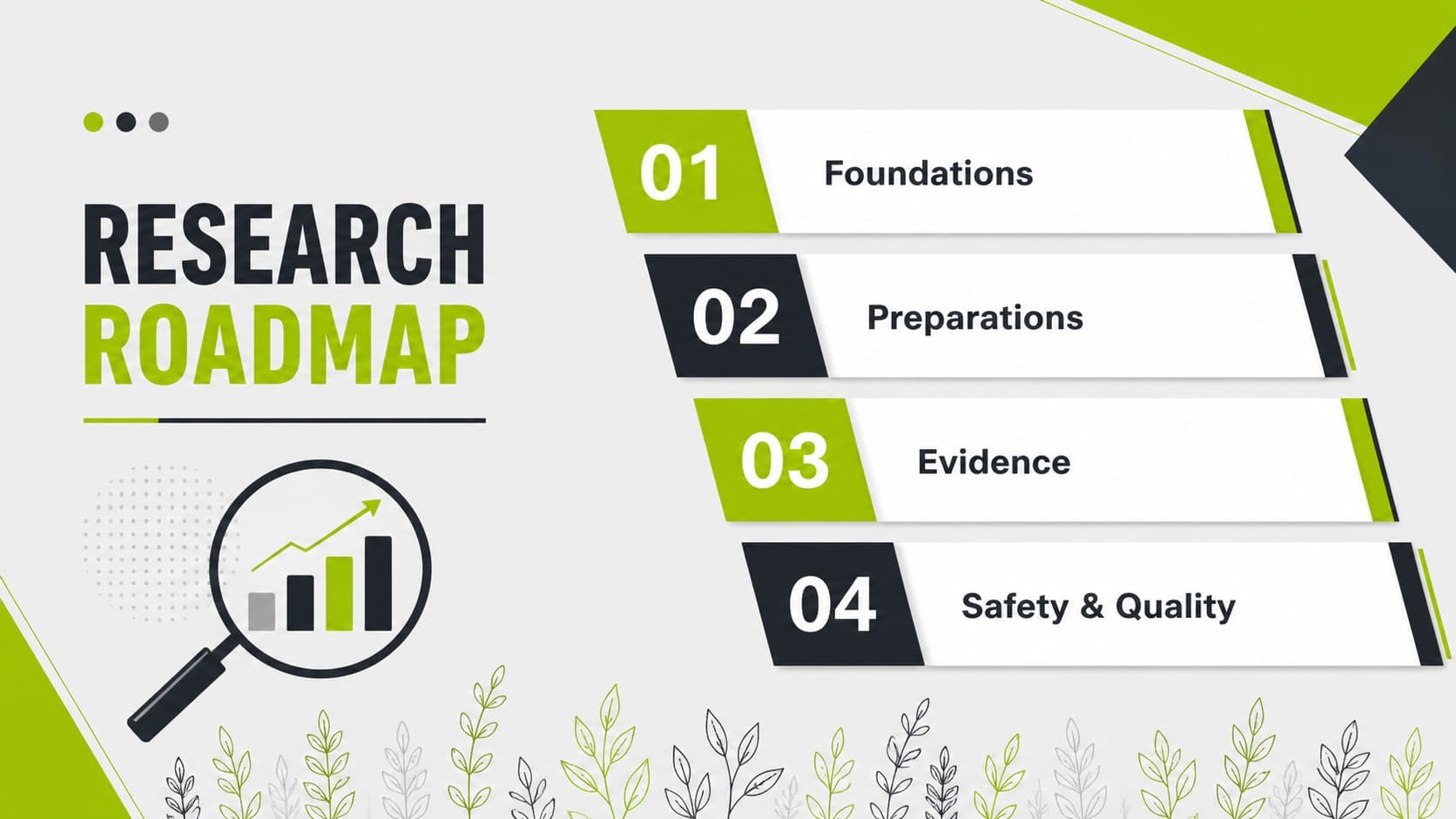 Botanical medicine presentation agenda outlining research, preparations, evidence, and safety topics.