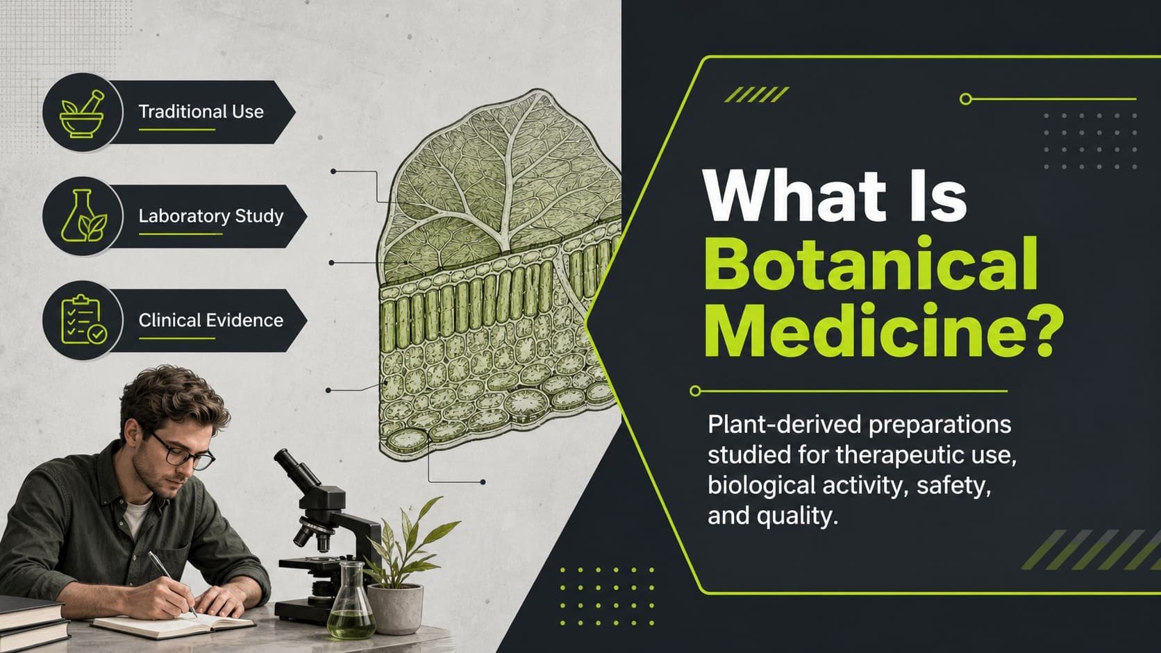 Plant-based therapy education slide defining botanical medicine and its research scope.
