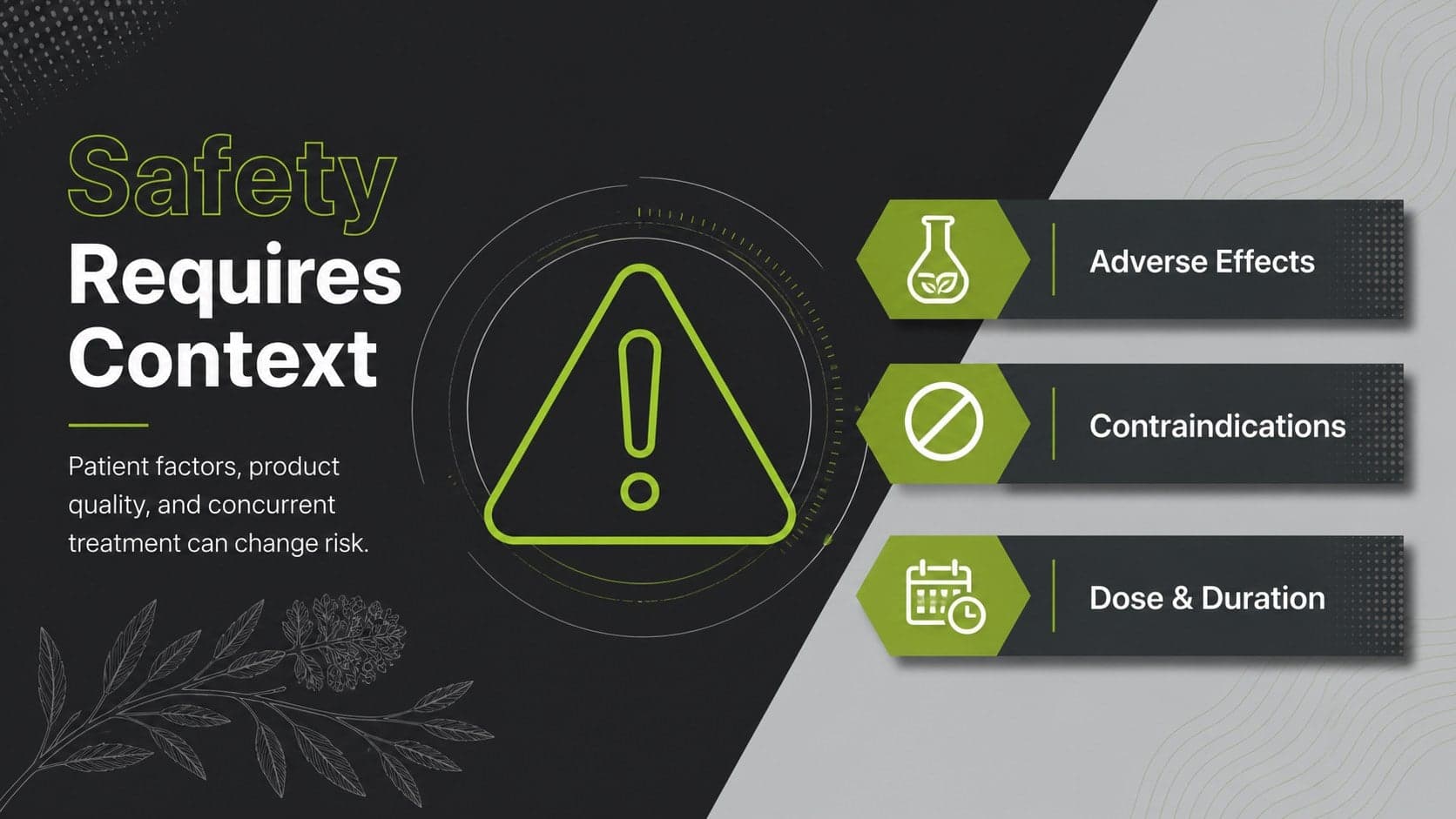 Botanical product safety training slide highlighting adverse effects, contraindications, and dosage concerns.