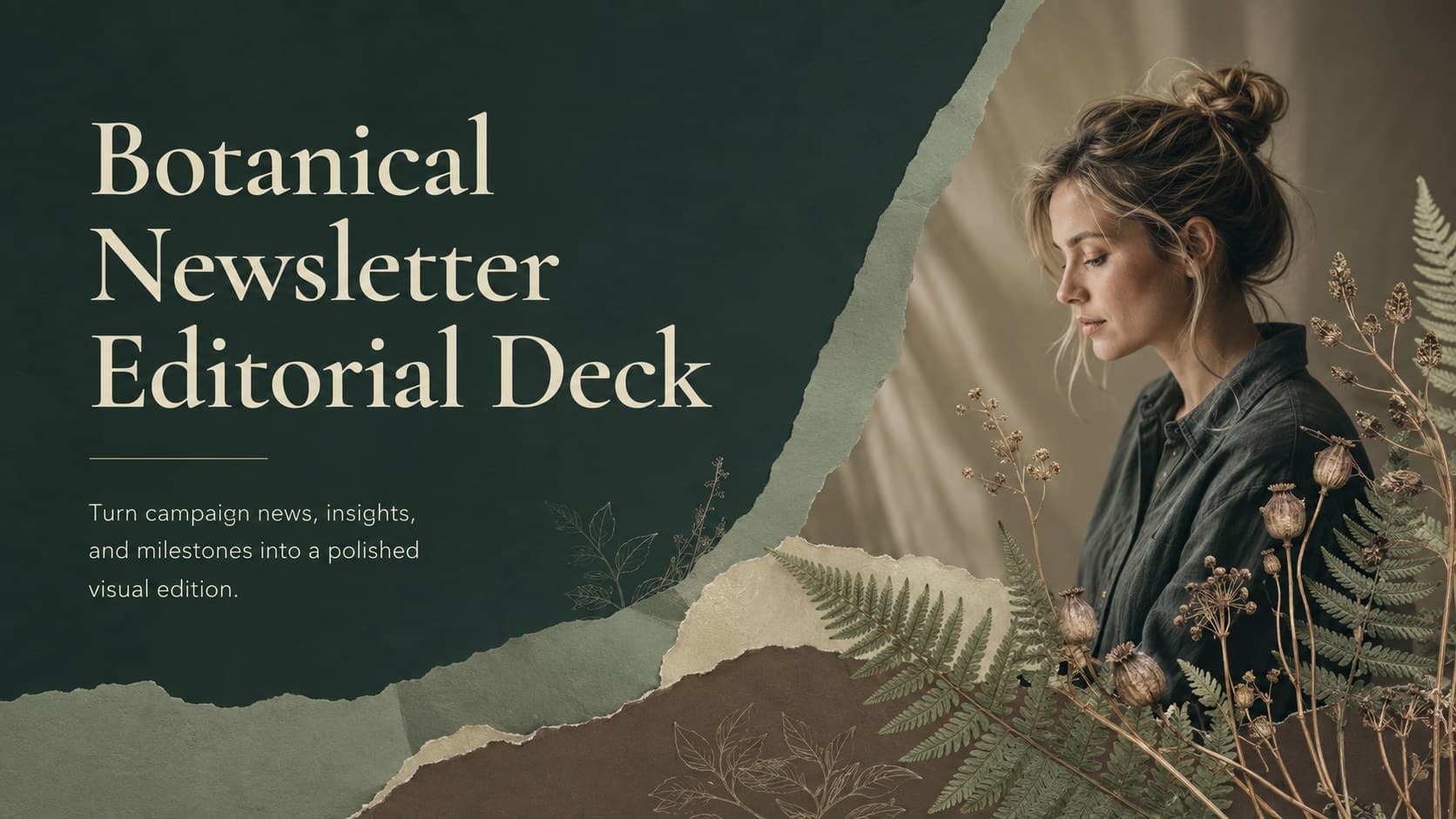 Cover of a Botanical Newsletter Editorial Deck with refined floral details in green and brown.