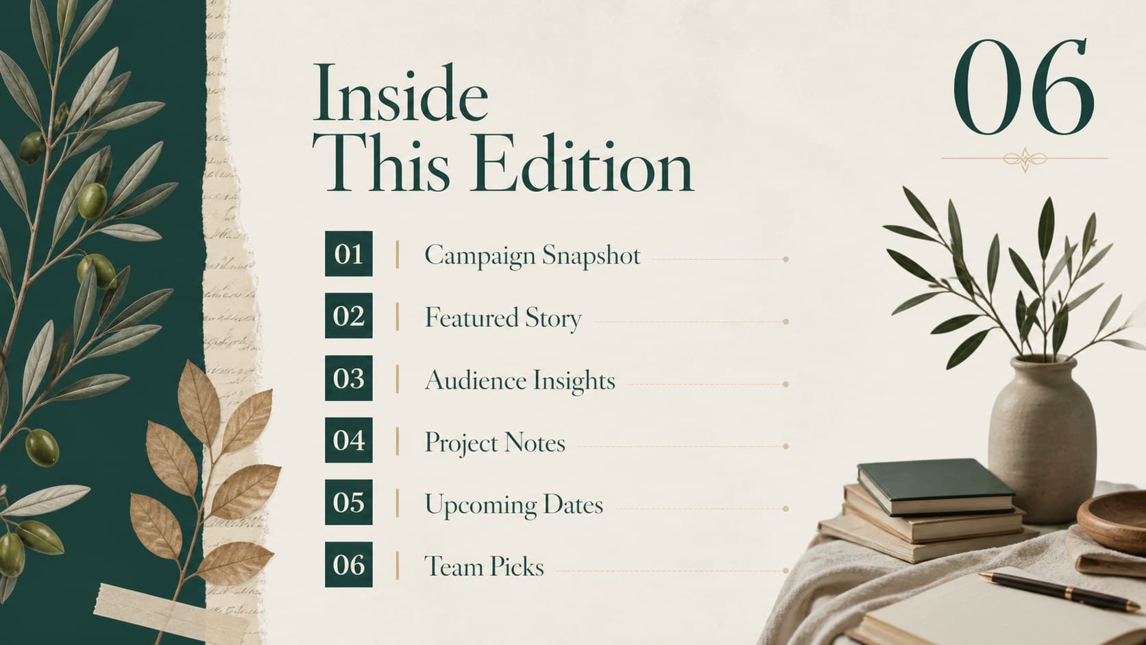 Botanical newsletter edition overview slide with a structured contents list and organic green accents.
