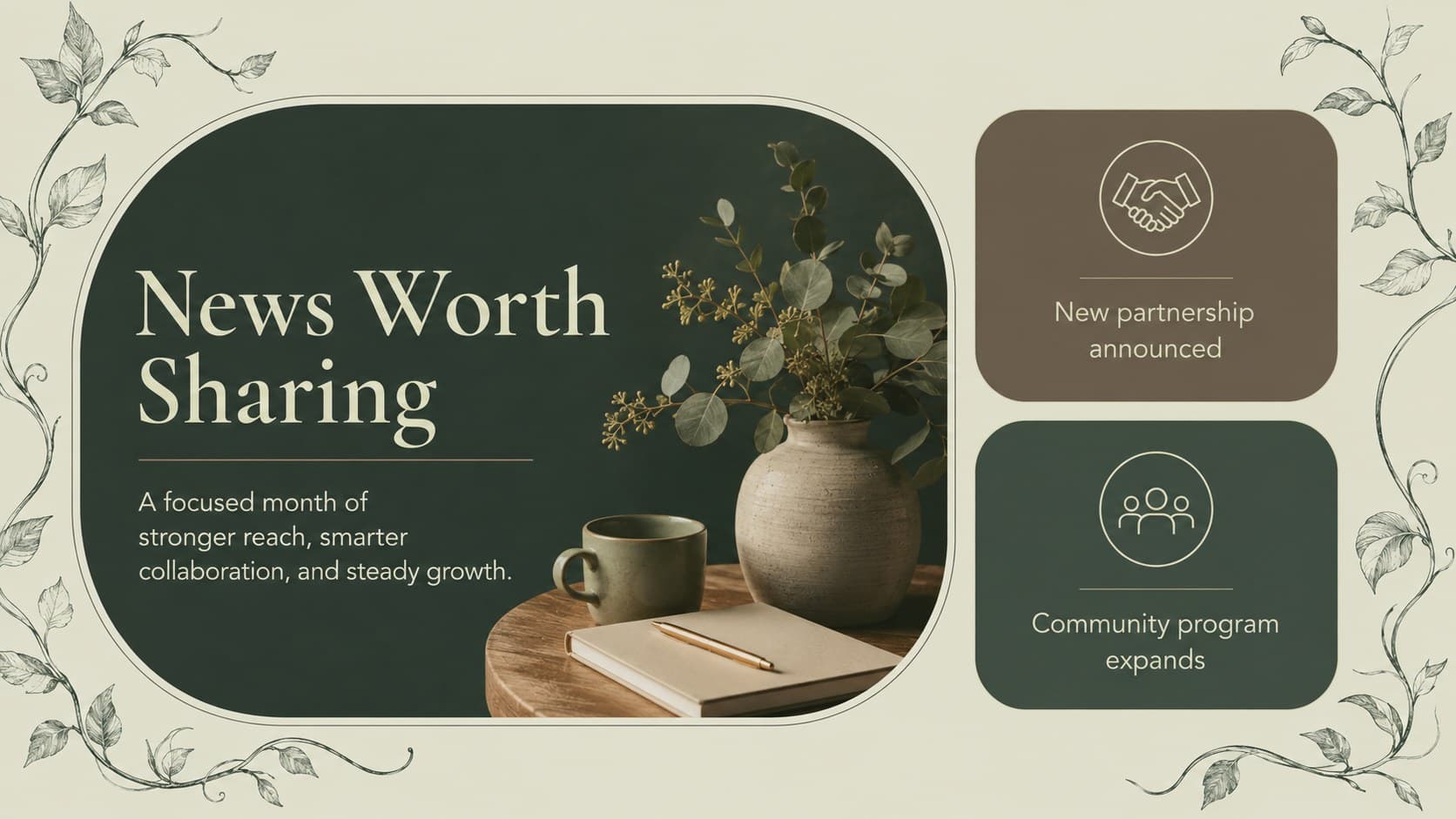 Editorial company news slide presenting three concise updates in a botanical newsletter layout.