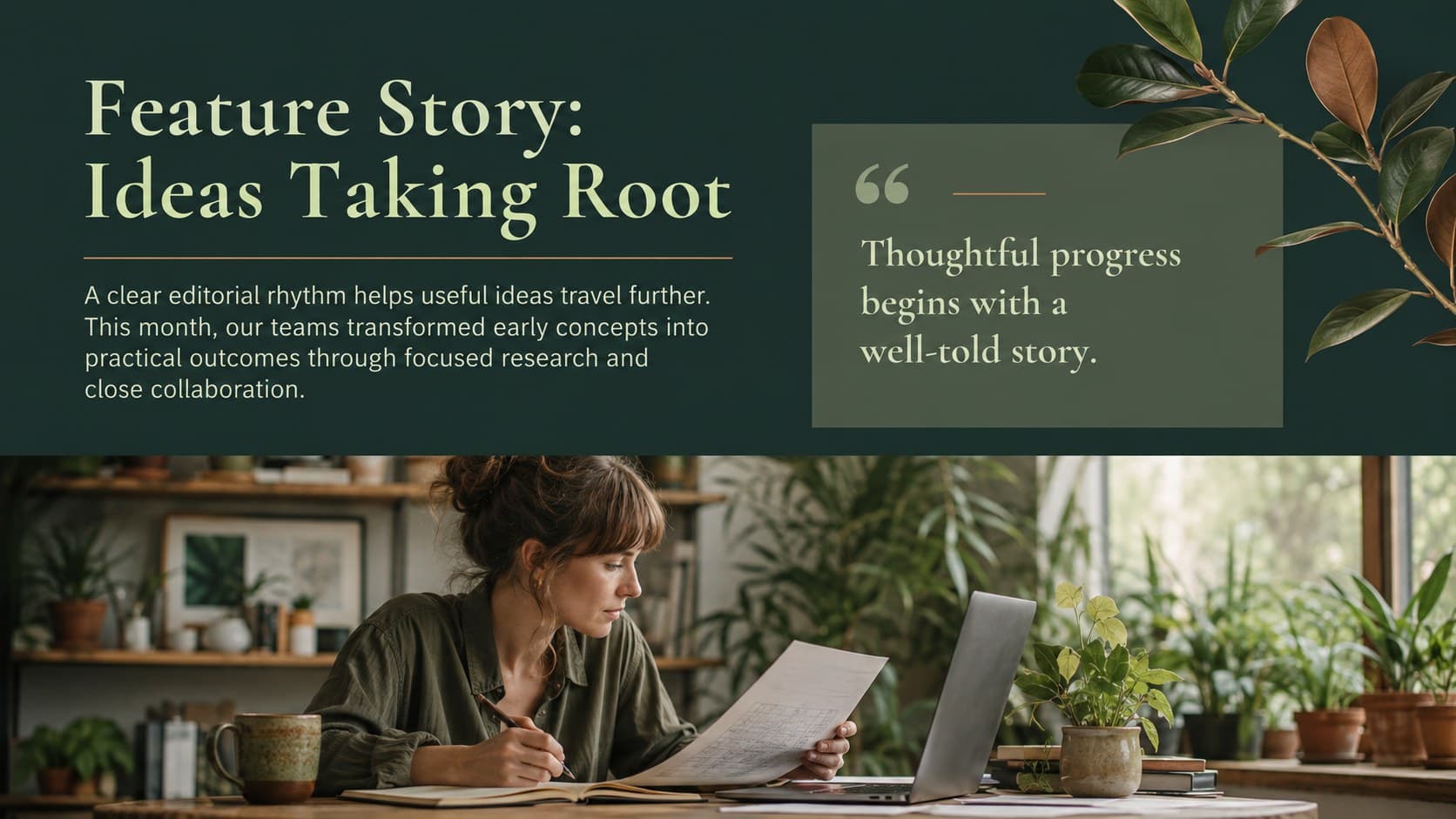Elegant botanical newsletter template slide with a feature article, pull quote, and image area.