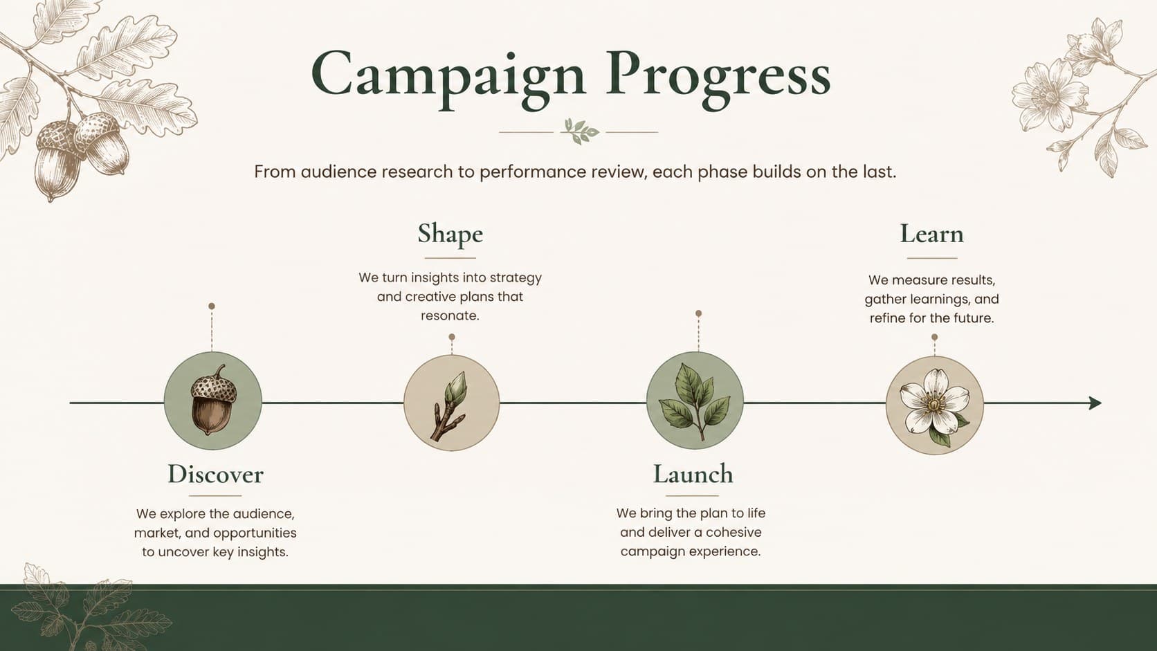 Client update newsletter slide showing campaign progress through a horizontal milestone timeline.