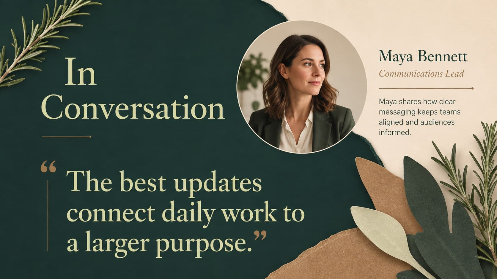 Botanical interview spotlight slide with an original professional portrait and editorial quotation.