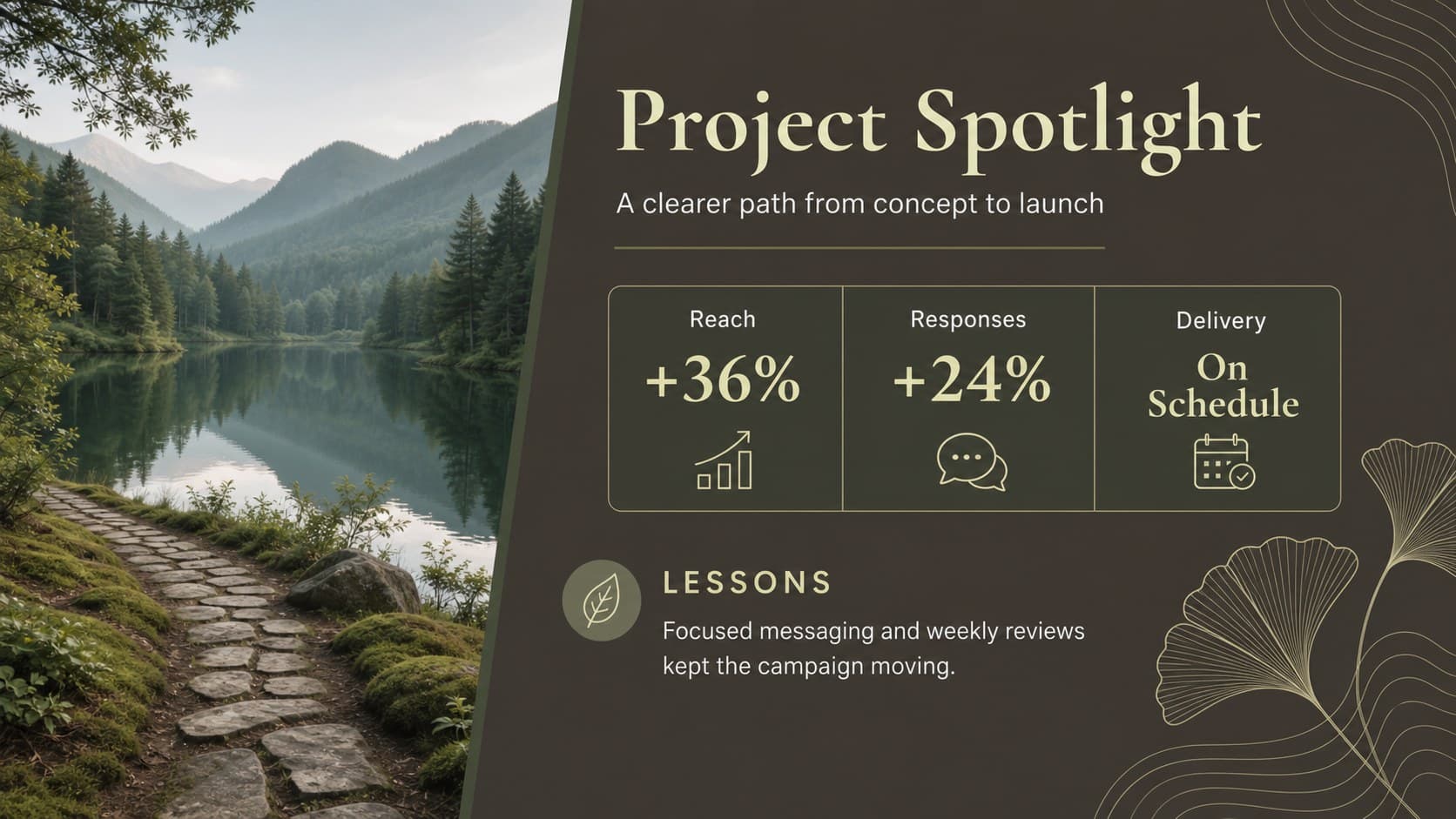 Green and brown marketing presentation slide summarizing a featured project with results and lessons.