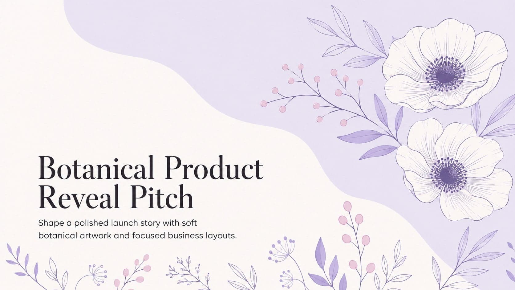 Cover of the Botanical Product Reveal Pitch with pastel purple flowers and a refined launch presentation layout.