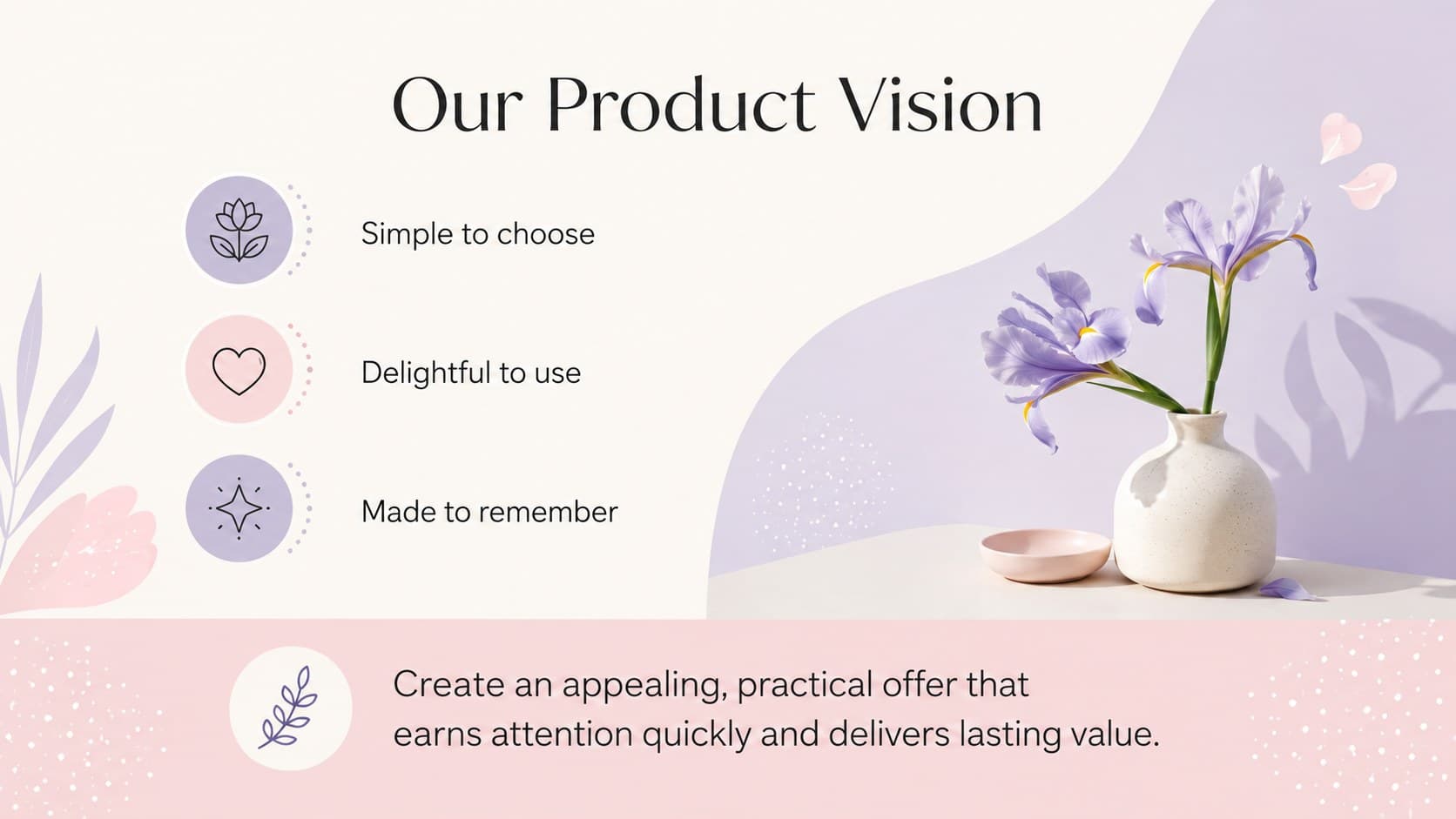 Botanical product launch pitch template slide presenting a concise product vision and three guiding principles.