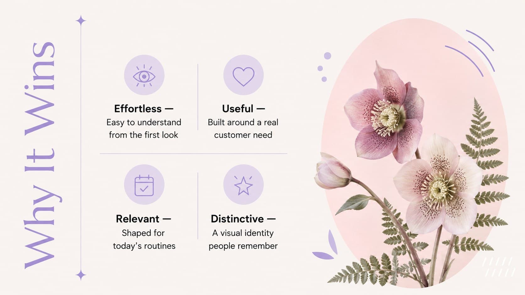 Pastel product positioning slide highlighting ease, quality, relevance, and memorable design as core benefits.