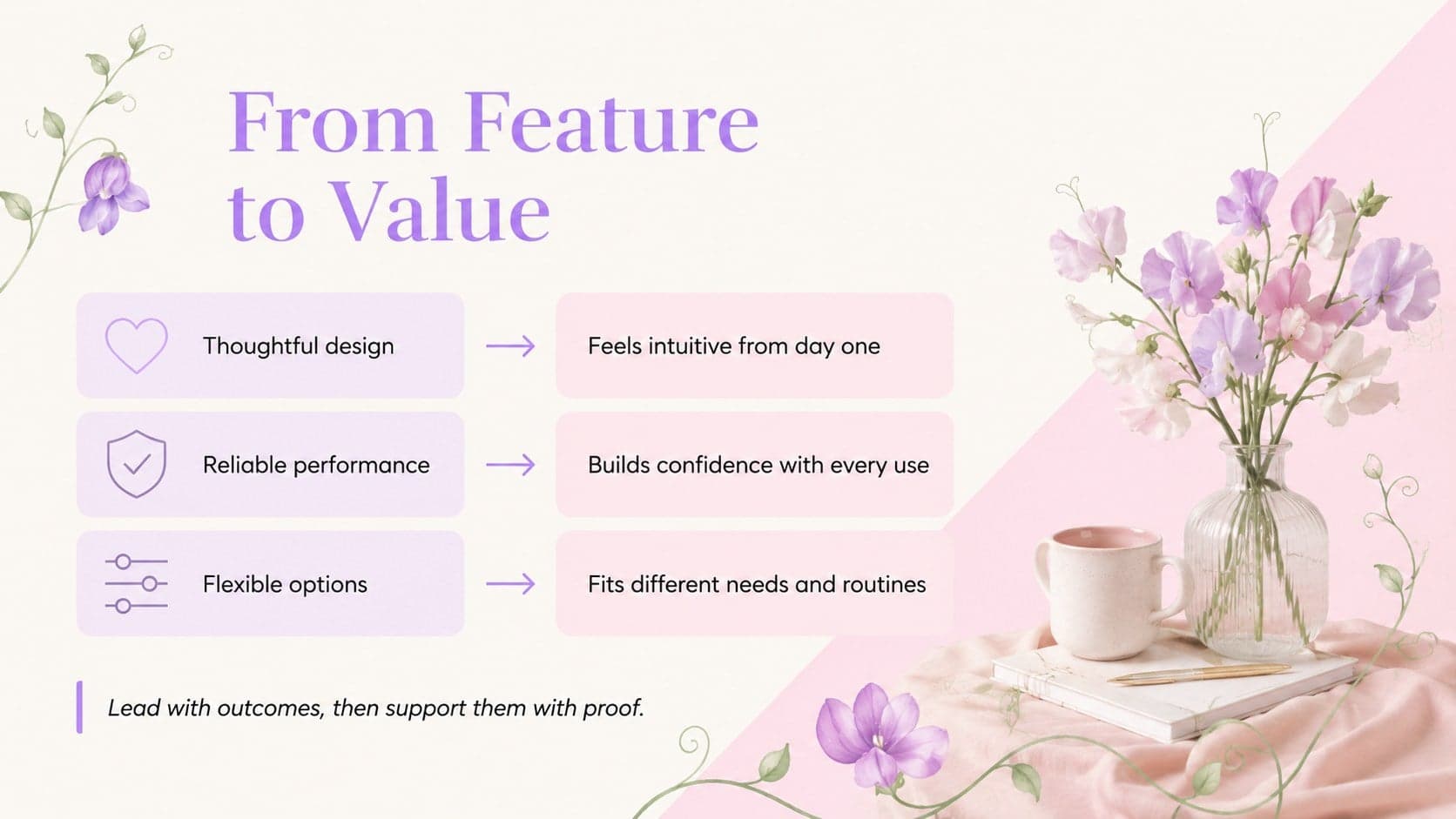 New offering reveal slide mapping product features to practical customer outcomes in a botanical layout.