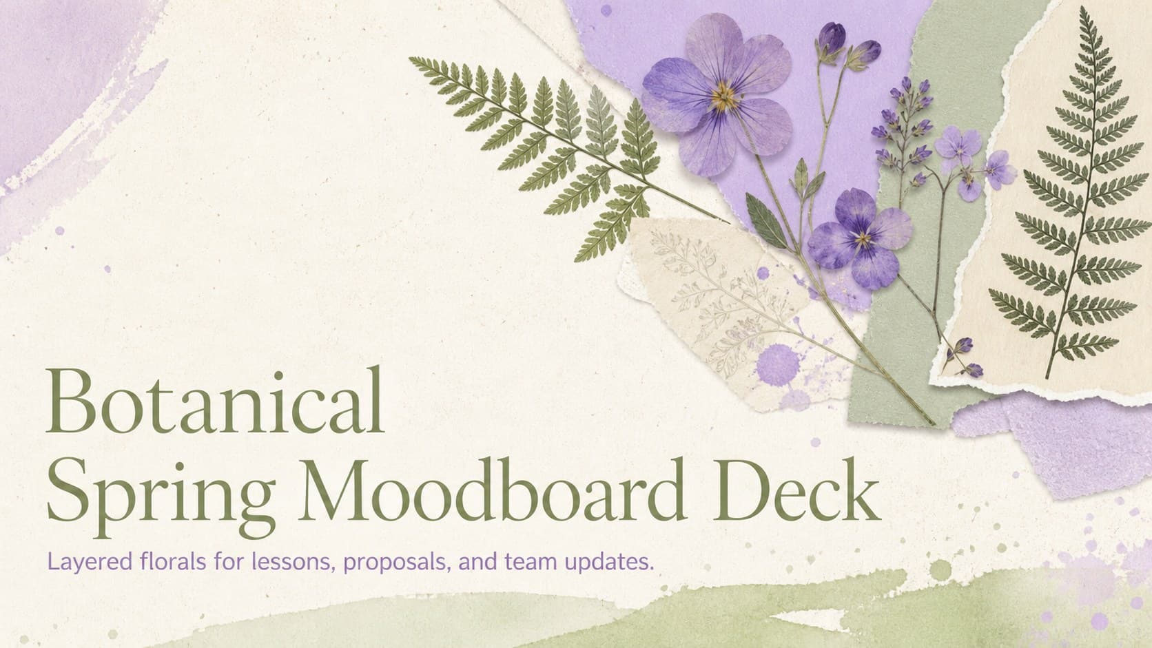 Cover of the Botanical Spring Moodboard Deck with layered purple flowers, green leaves, and painted paper textures.