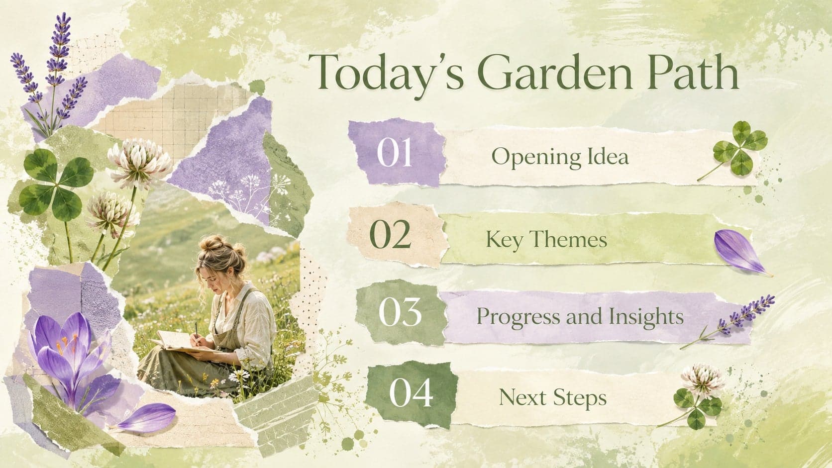 Floral presentation agenda listing four sections beside watercolor leaves and violet botanical accents.