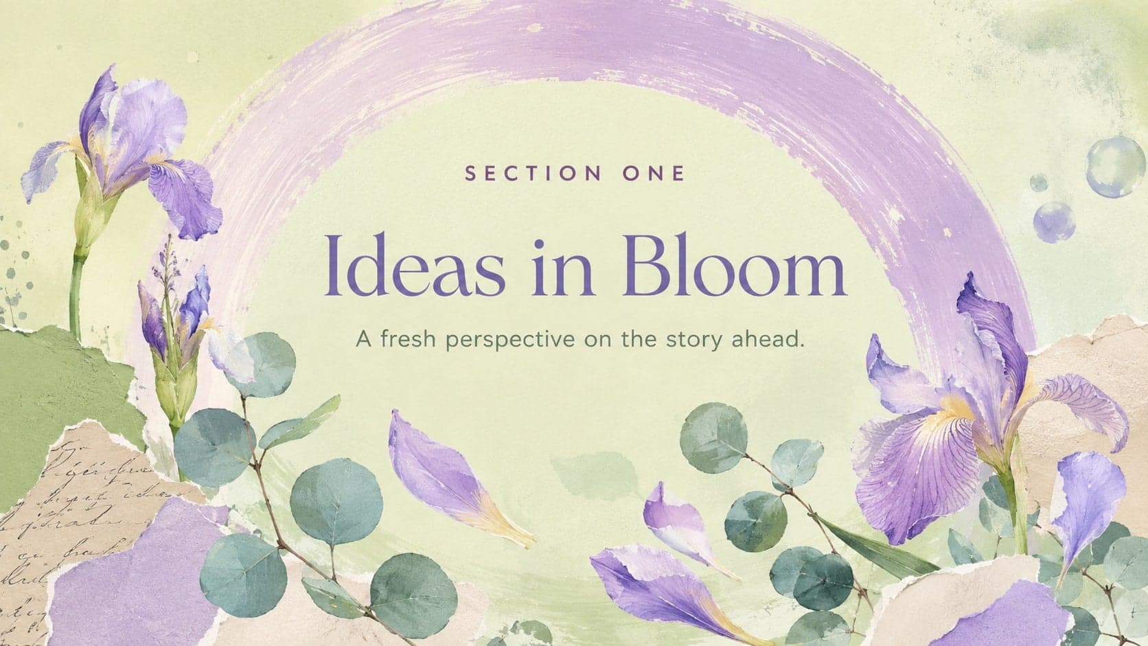 Botanical section divider with an Ideas in Bloom headline framed by abstract green and purple foliage.