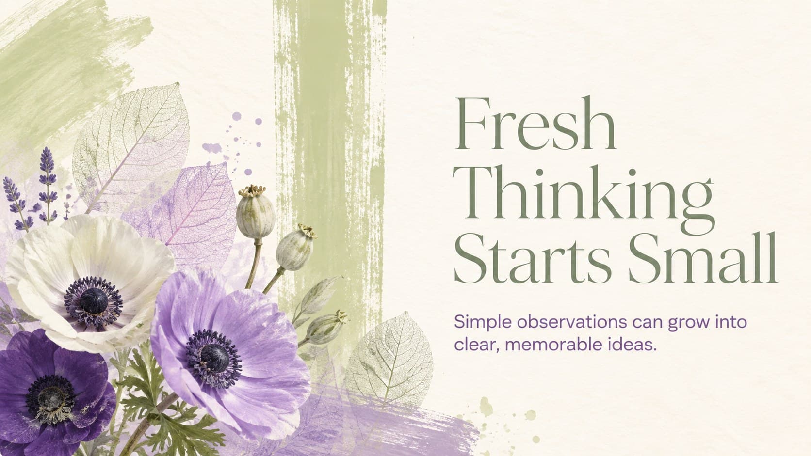 Spring moodboard statement slide featuring a concise message with layered flower and leaf artwork.