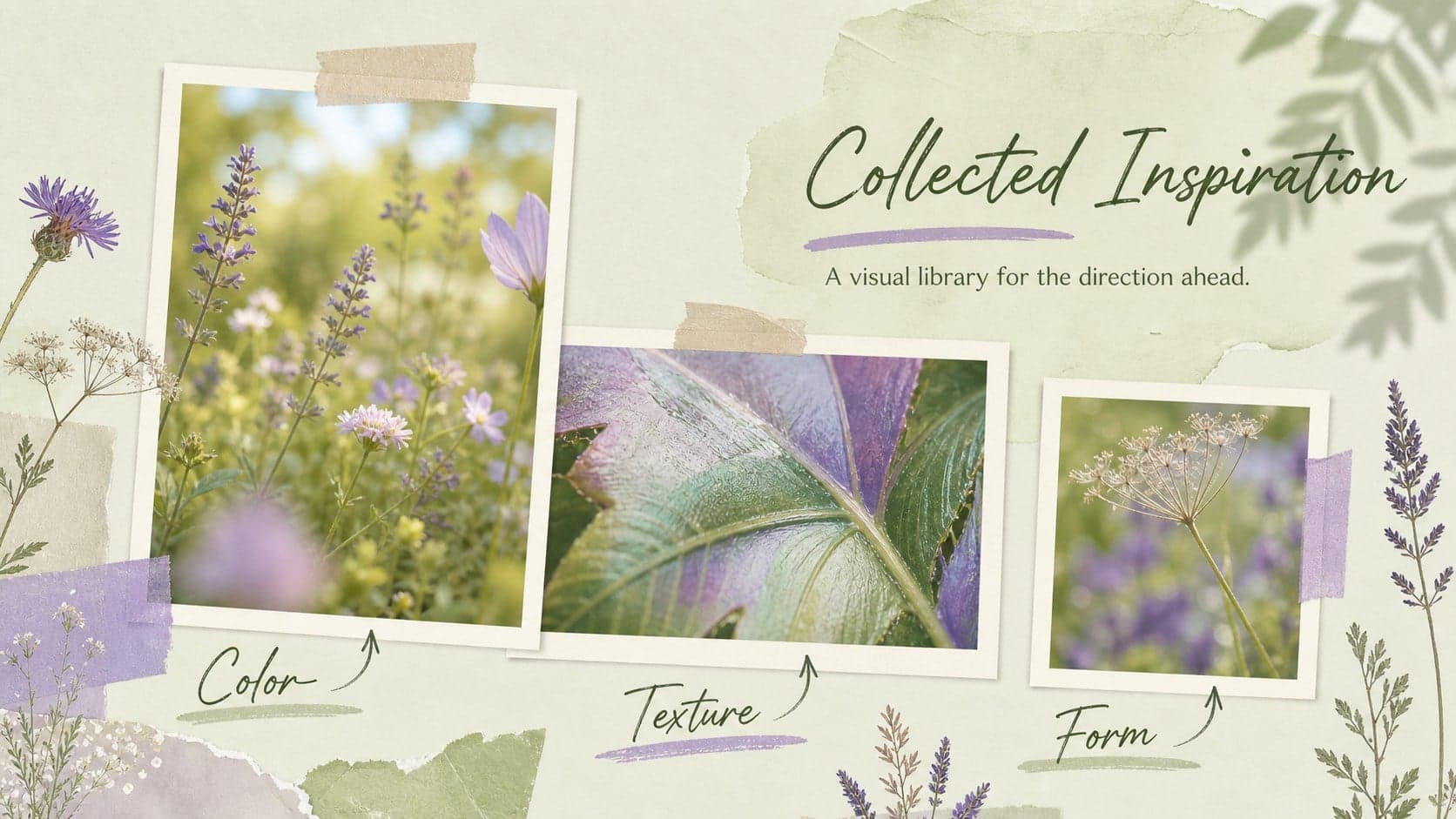 Pastel garden presentation layout with three image placeholders and field-note captions.