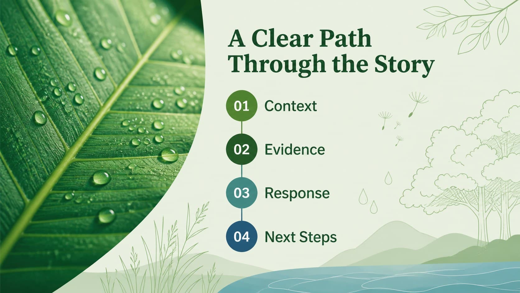 Botanical presentation agenda showing four stages for framing an environmental story.