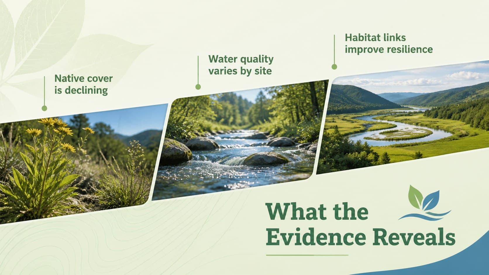 Ecology presentation slide displaying three evidence themes with plant, water, and habitat imagery.