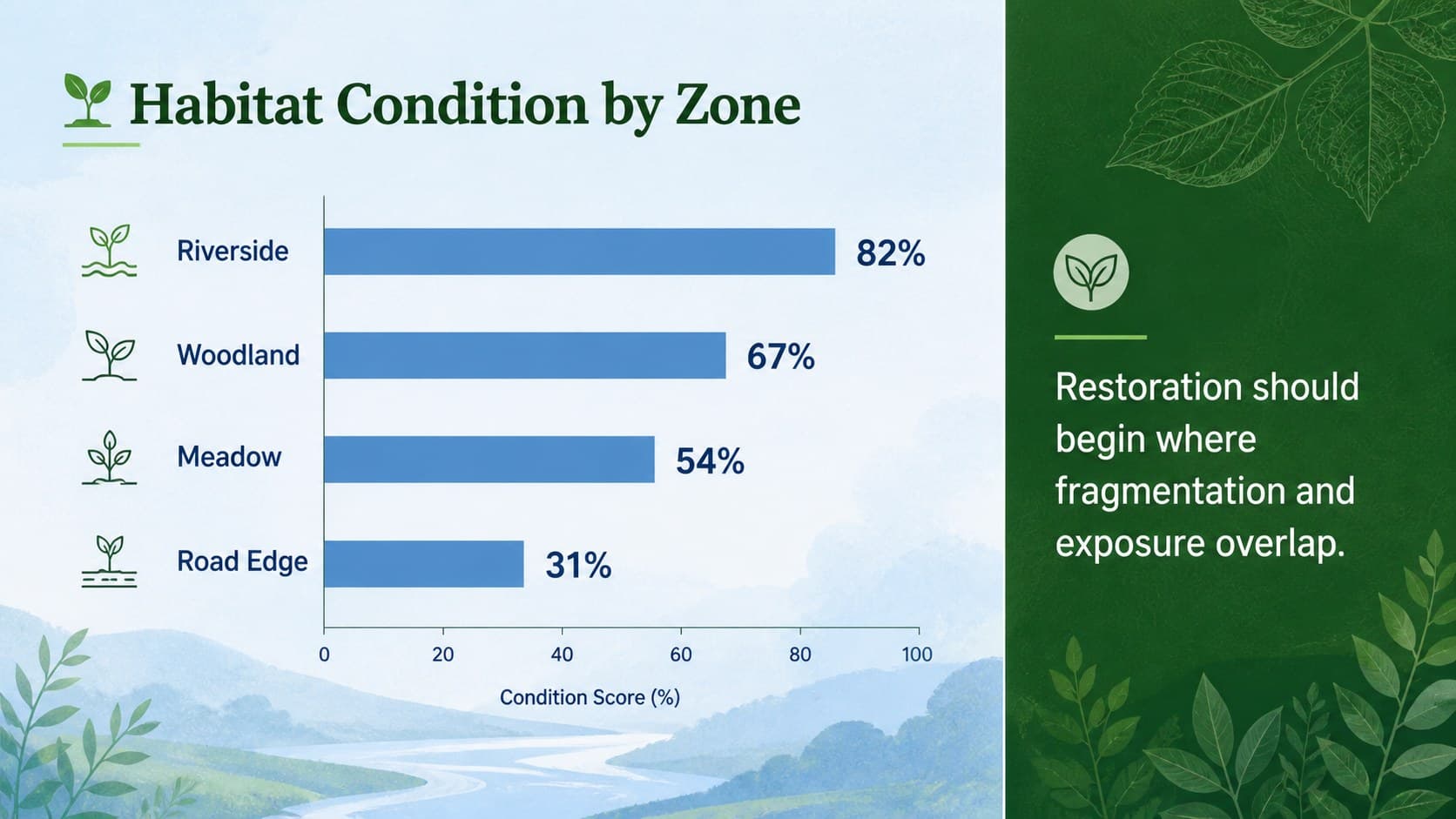Conservation project presentation deck slide with a green-and-blue bar chart and a concise interpretation.