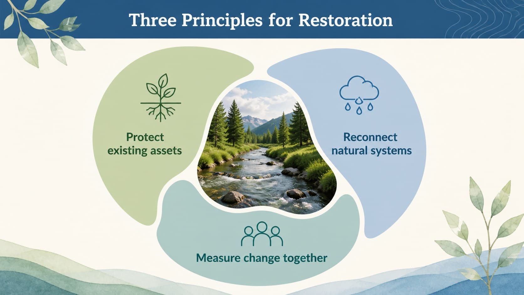 Botanical research presentation template slide mapping three principles for effective restoration work.