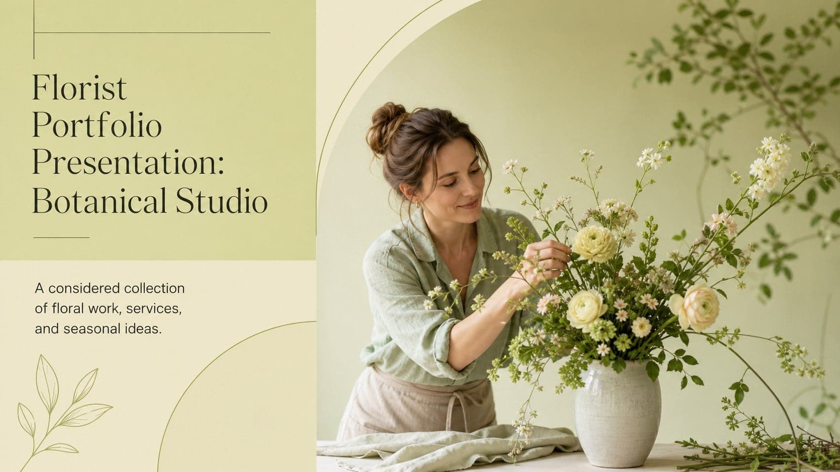 Cover slide for a florist portfolio presentation featuring a botanical studio title and pastel floral styling.