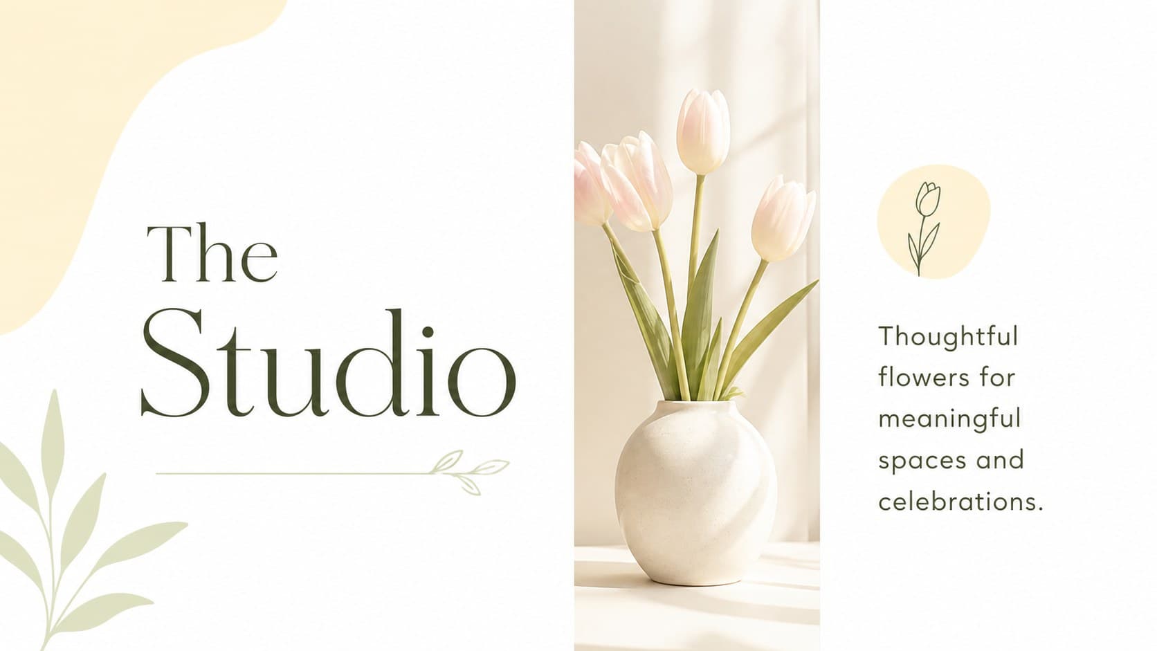 Botanical studio introduction slide presenting the creative direction of a florist portfolio presentation.