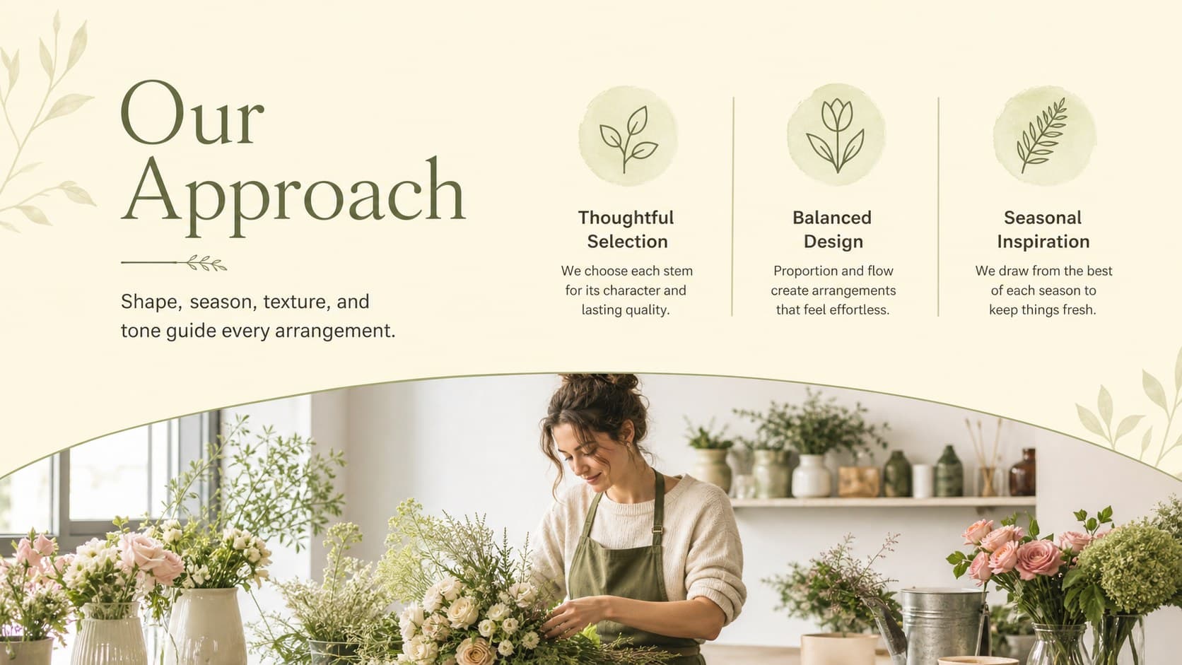 Studio story slide with botanical imagery and a florist portfolio presentation narrative.