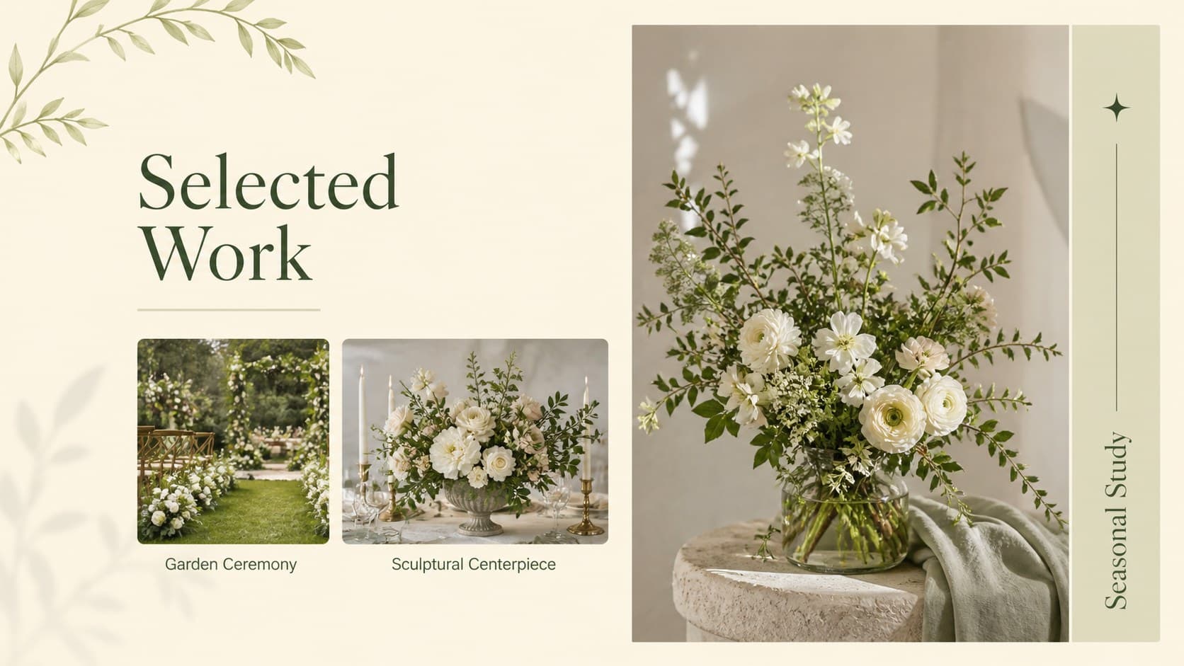Flower arrangement portfolio gallery slide showing a curated floral design collection.