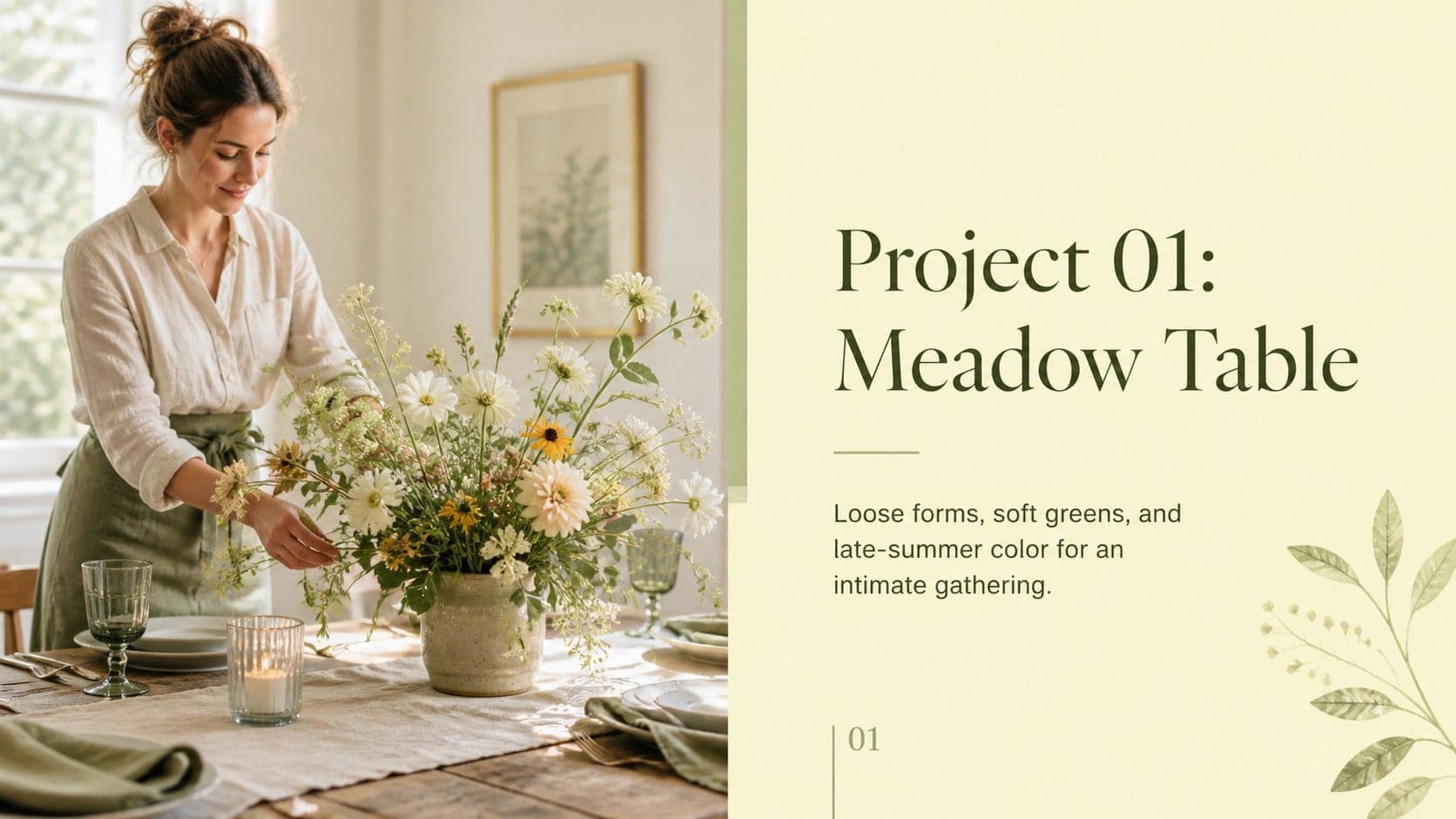 Featured wedding floral project slide from an editable florist portfolio presentation.