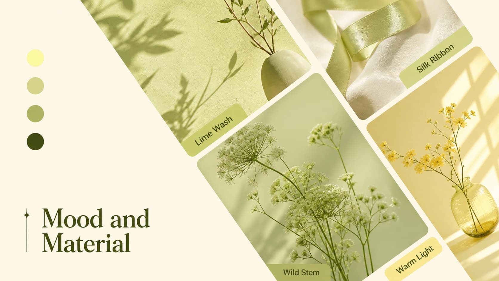 Floral moodboard slide with color, texture, and botanical references for a wedding florist pitch deck.
