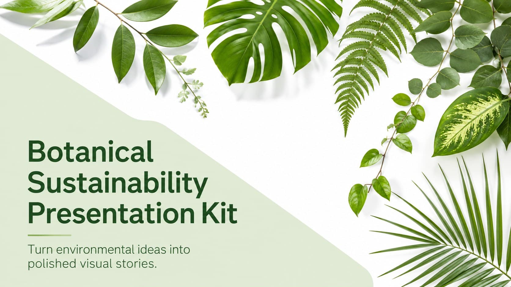 Cover of the Botanical Sustainability Presentation Kit with layered green foliage and clean white typography.