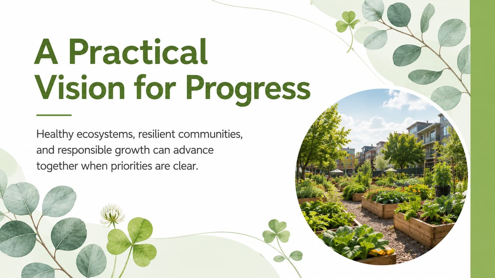 Green sustainability presentation template introducing a practical vision for environmental progress.